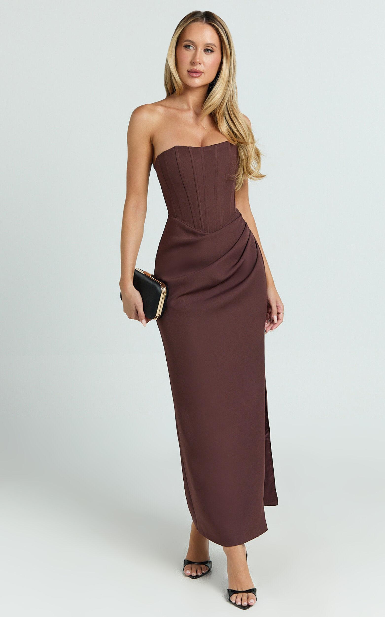 Avery Midi Dress - Strapless Draped Side Split Dress in Chocolate Product Image
