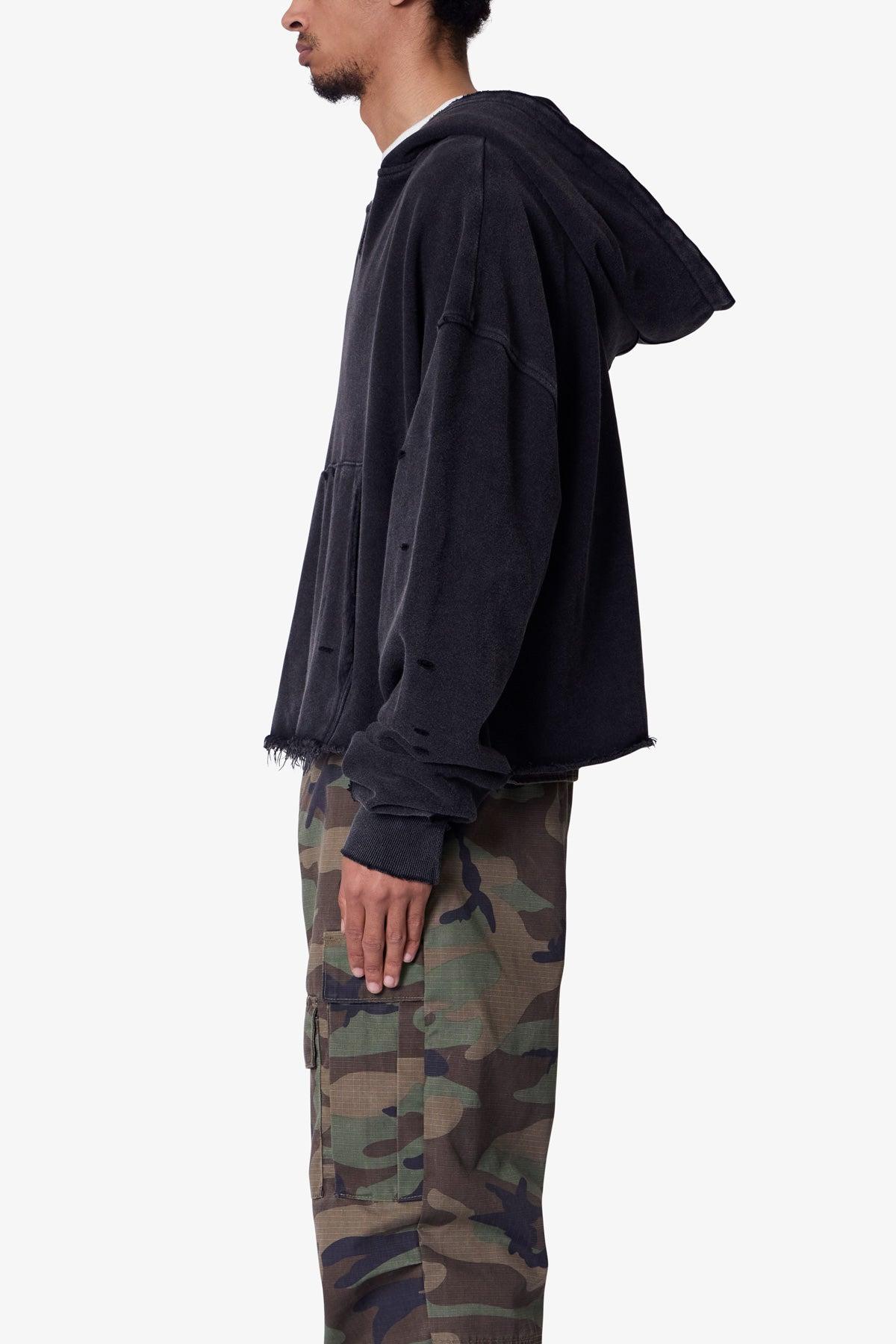 Destroyed V Neck Hoodie - Washed Black Product Image