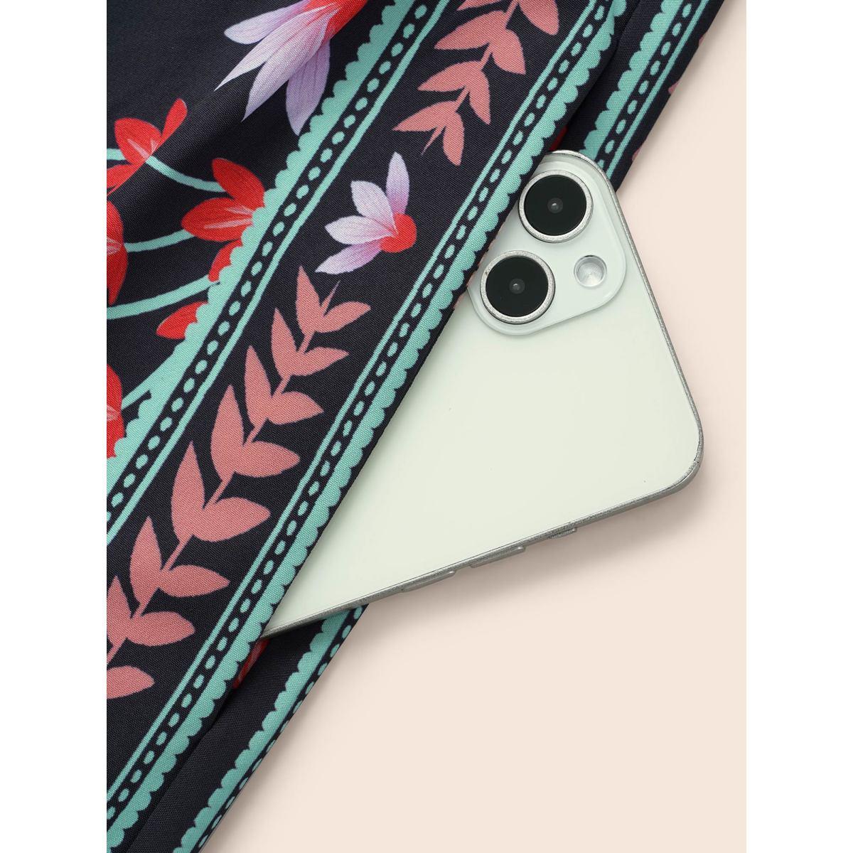 Plus Size Boho Print Shirred Pocket Midi Dress Black Women Boho Shirred V-neck Short sleeve Curvy BloomChic 14-16/1X Product Image