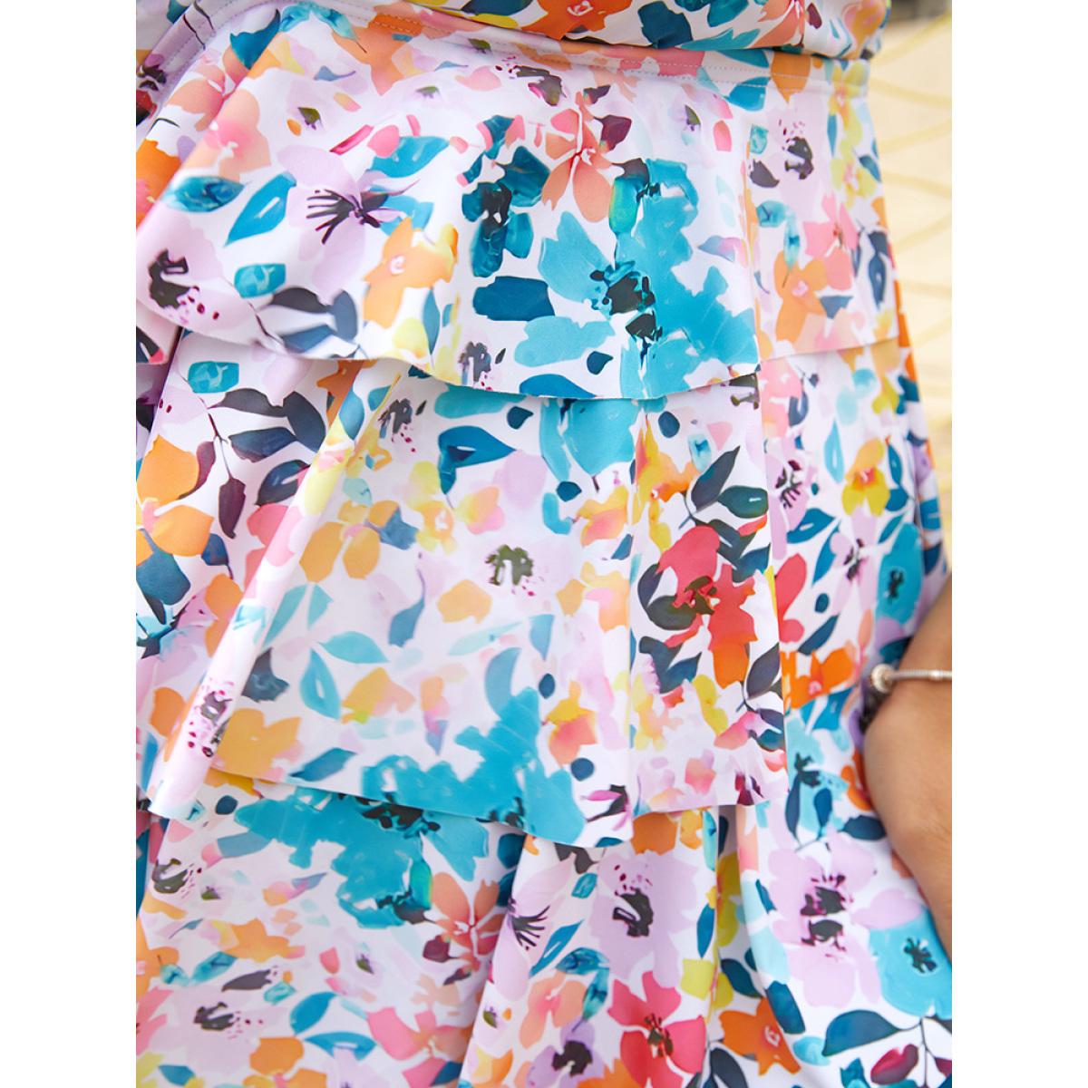 Plus Size Ruched Flutter Tiered A Line Knotted Tankini Top Women's Swimwear Multicolor Vacation Adjustable Straps High stretch Bodycon V-neck Curve Swim Tops BloomChic 10/M Product Image