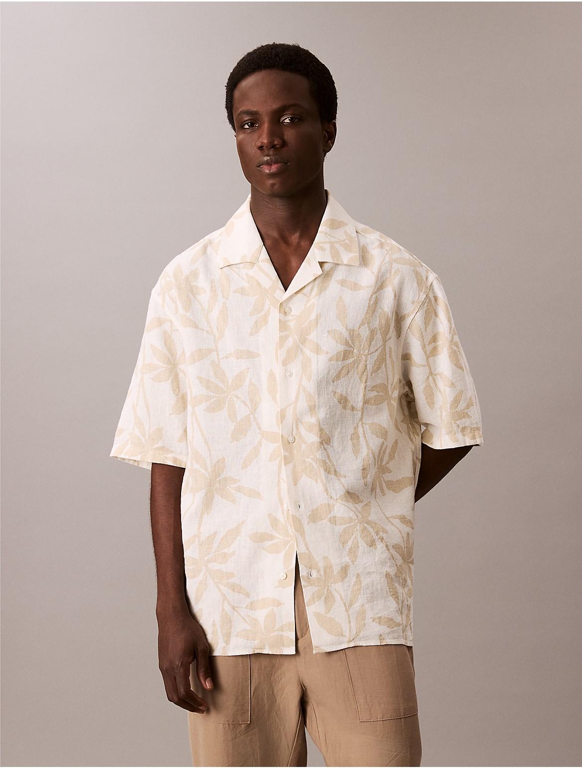 Calvin Klein Mens Linen Cotton Print Relaxed Button-Down Shirt - Green Product Image