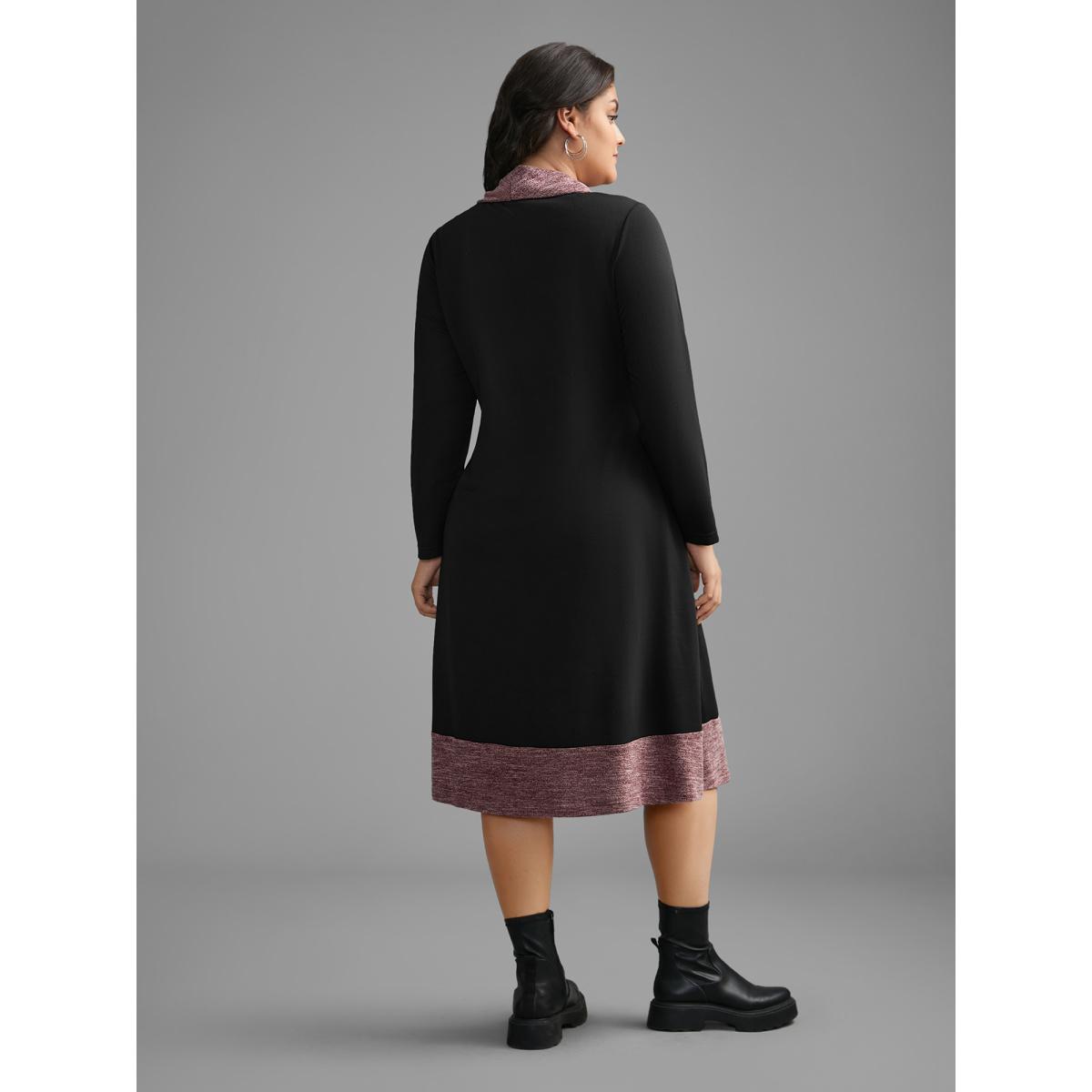 Plus Size Heather Patchwork Turtleneck Midi Dress Black Women Casual Contrast Ruffled collar Long Sleeve Curvy BloomChic 10/M Product Image