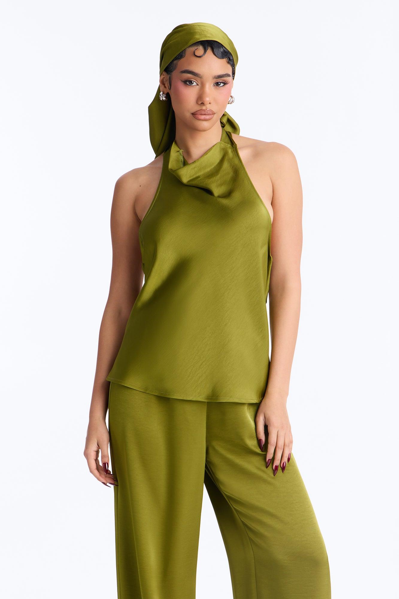 Eve Satin Halter 3 Piece Pant Set - Green Female Product Image