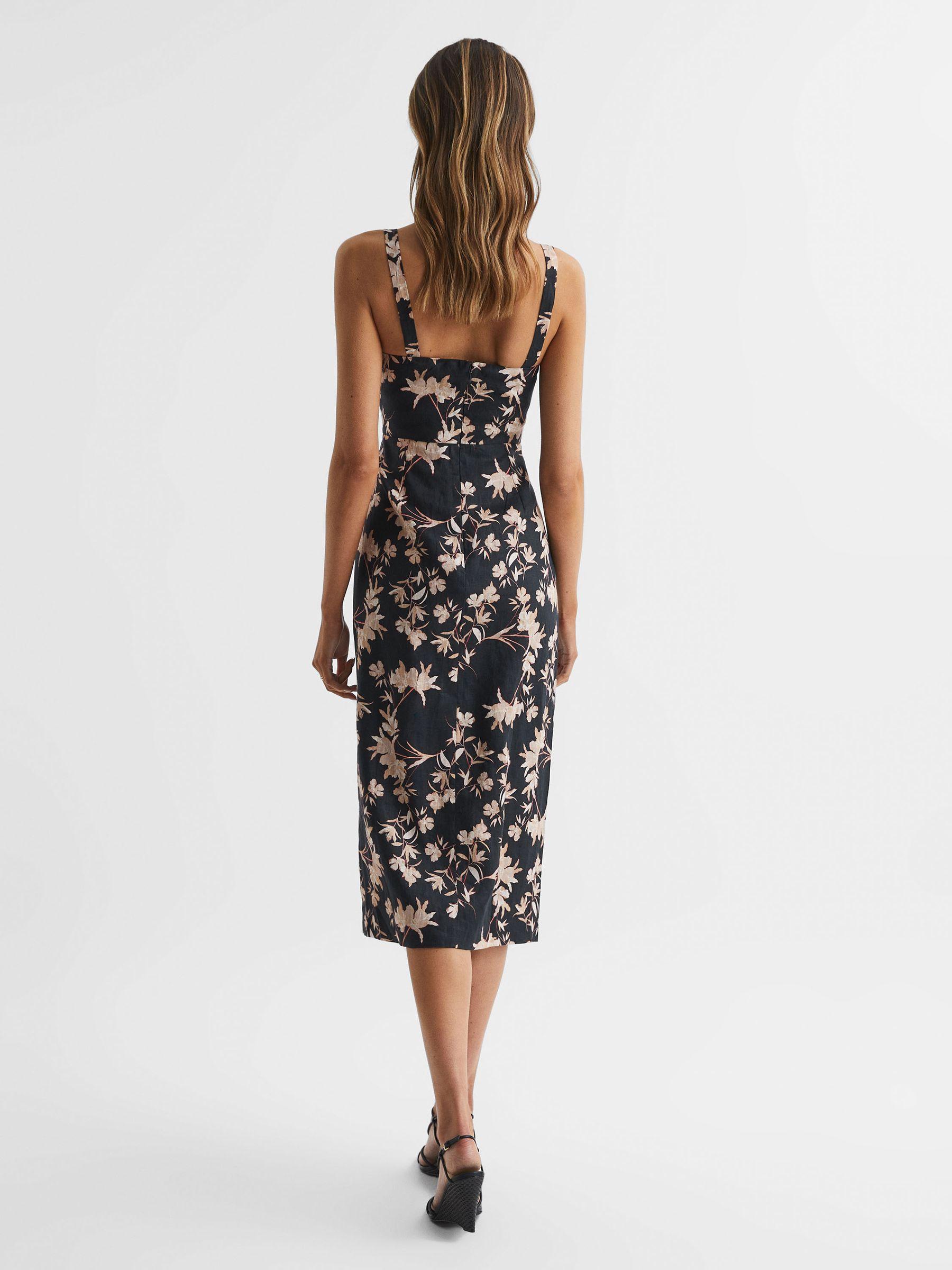 Floral Print Linen Midi Dress in Black/Blush Product Image