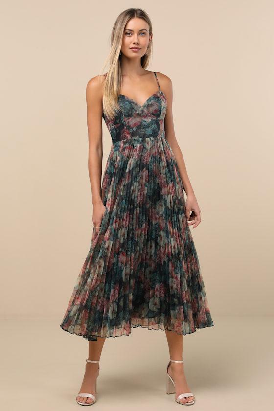Alondra Dark Green Multi Floral Pleated Midi Dress Product Image