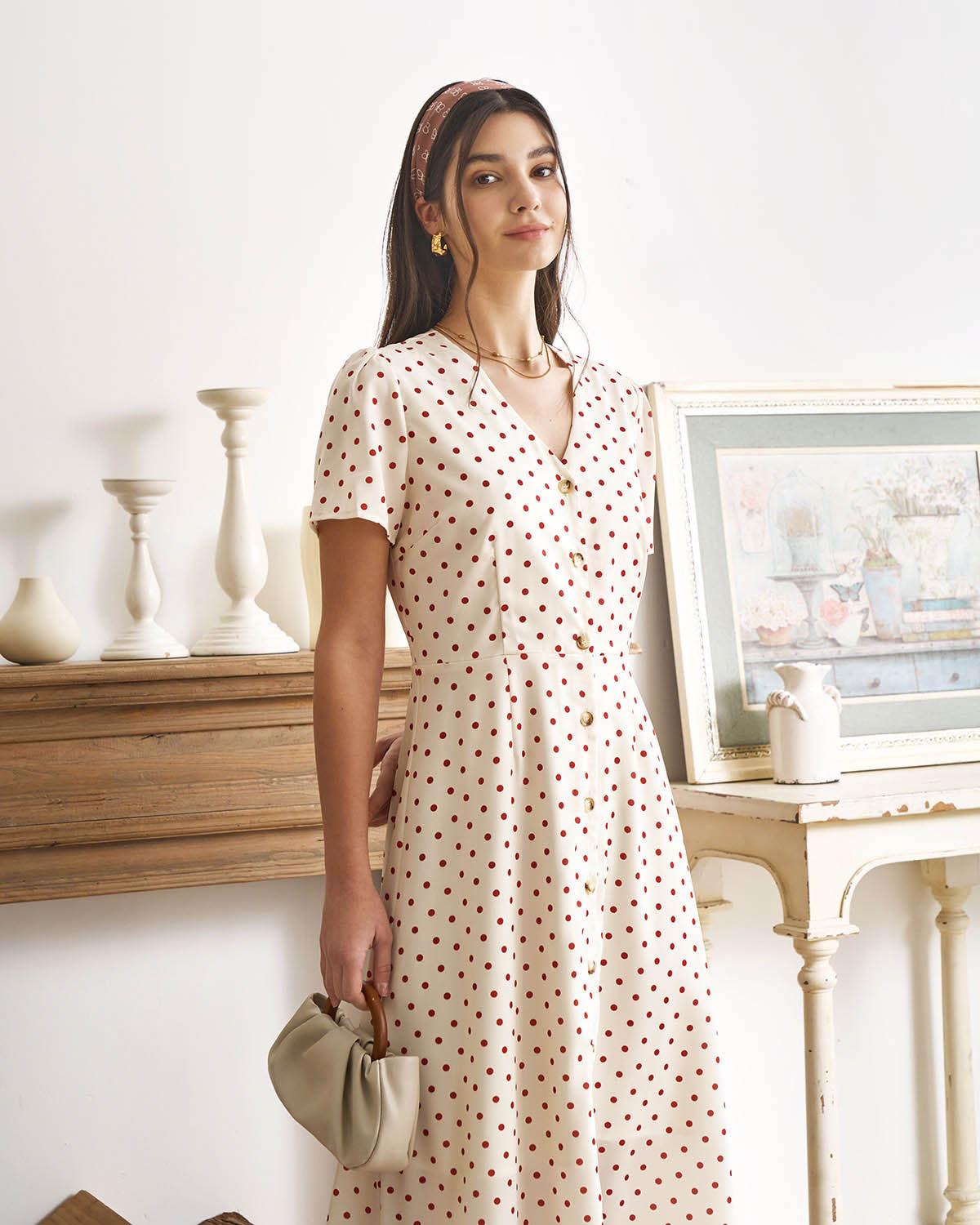 The Beige V Neck Polka Dot Button Midi Dress Product Image