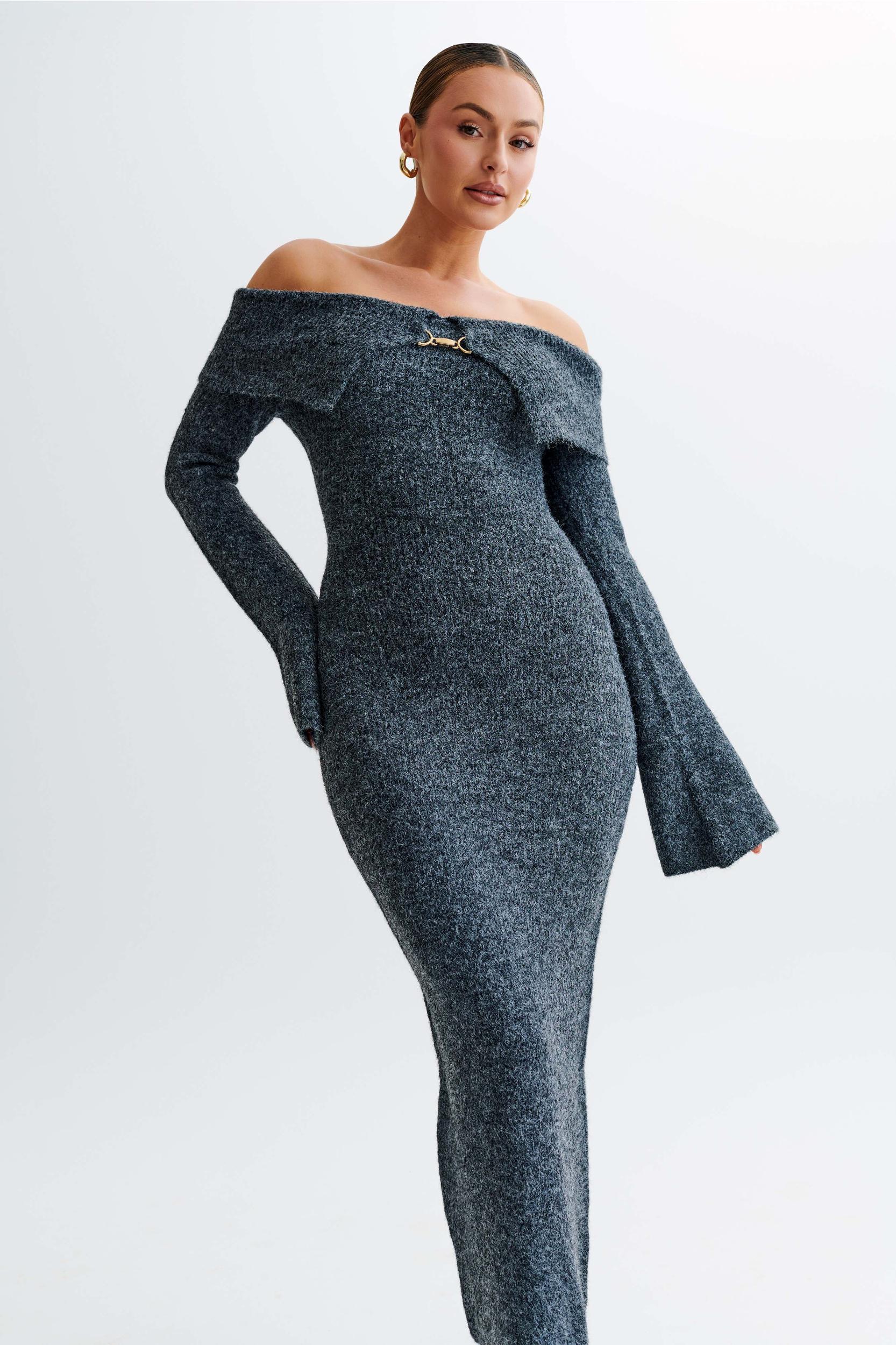 Baxter Off Shoulder Fluffy Knit Midi Dress - Charcoal Product Image