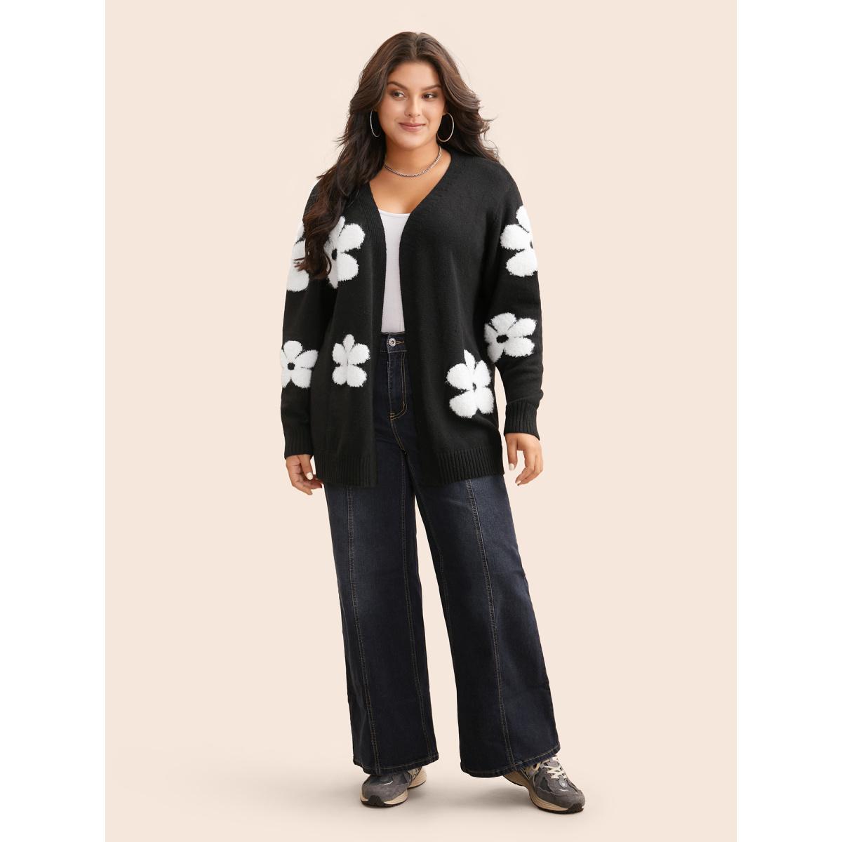 Plus Size Floral Jacquard Drop Shoulder Sleeve Cardigan Black Women Casual Loose Long Sleeve Everyday Cardigans BloomChic 14-16/1X Product Image