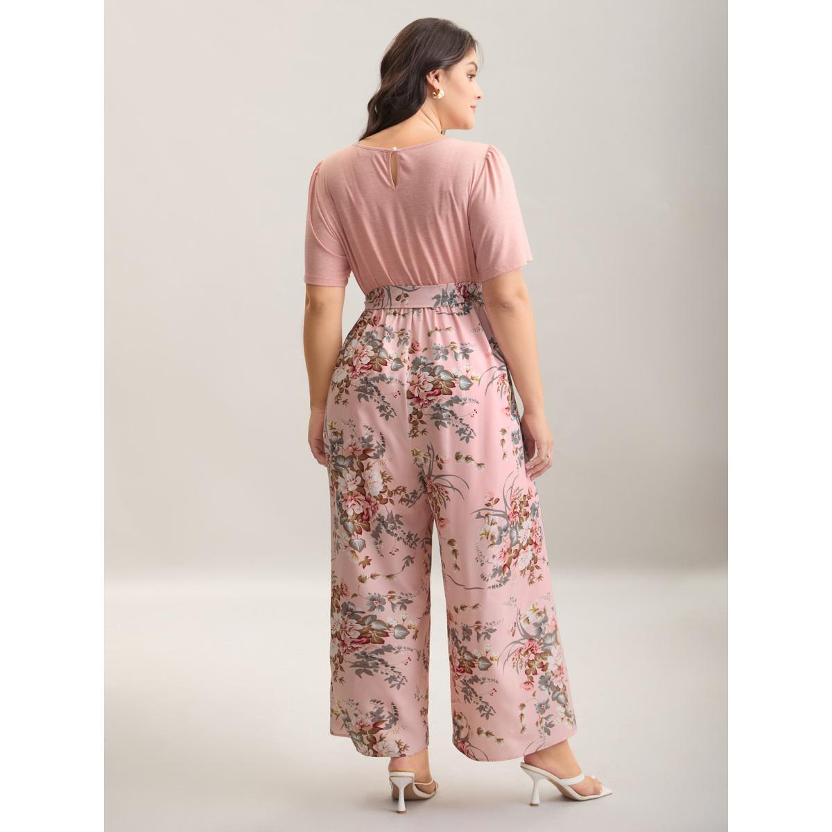 Plus Size Lightpink Color Contrast Belted Panel Pockets Jumpsuit Women Timeless Short sleeve Square Neck Elegant Loose Jumpsuits BloomChic 28/5X Product Image