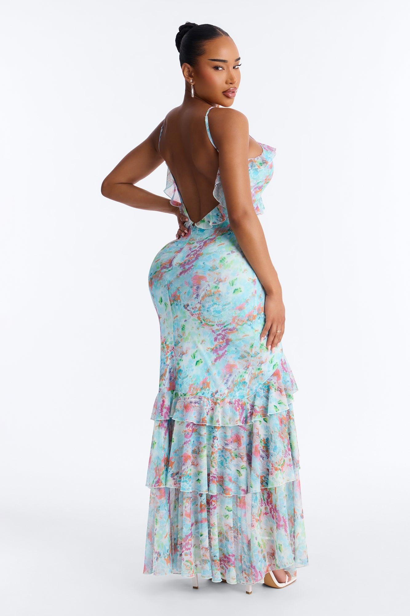 Dylan Ruffle Floral Mesh Maxi Dress - Blue/combo Female Product Image