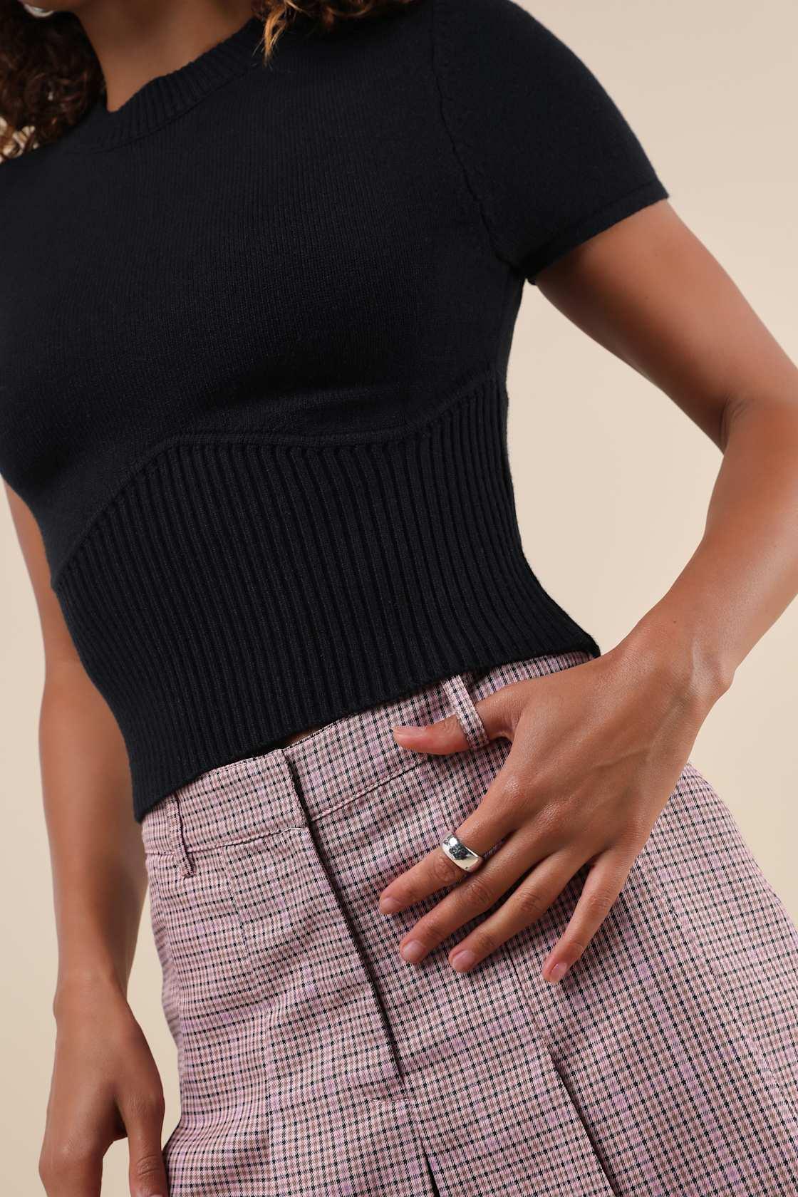 Everyone's a Winter Black Short Sleeve Seamed Sweater Top Product Image