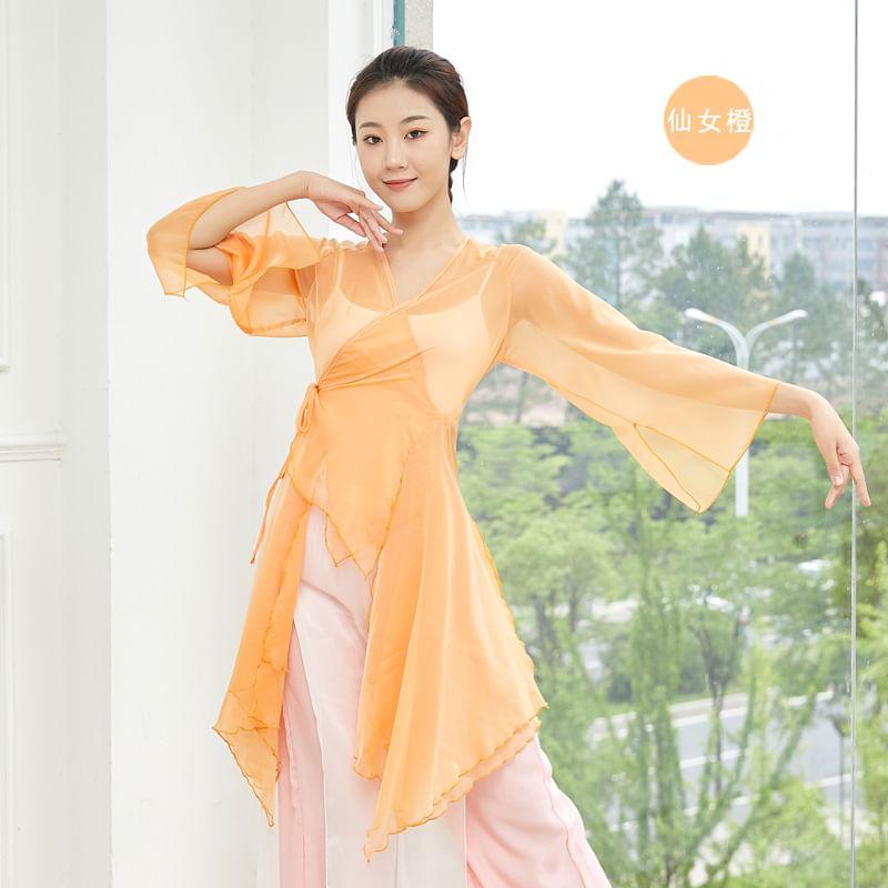 Flared-Sleeve V-Neck Plain Asymmetrical Dance Top Product Image