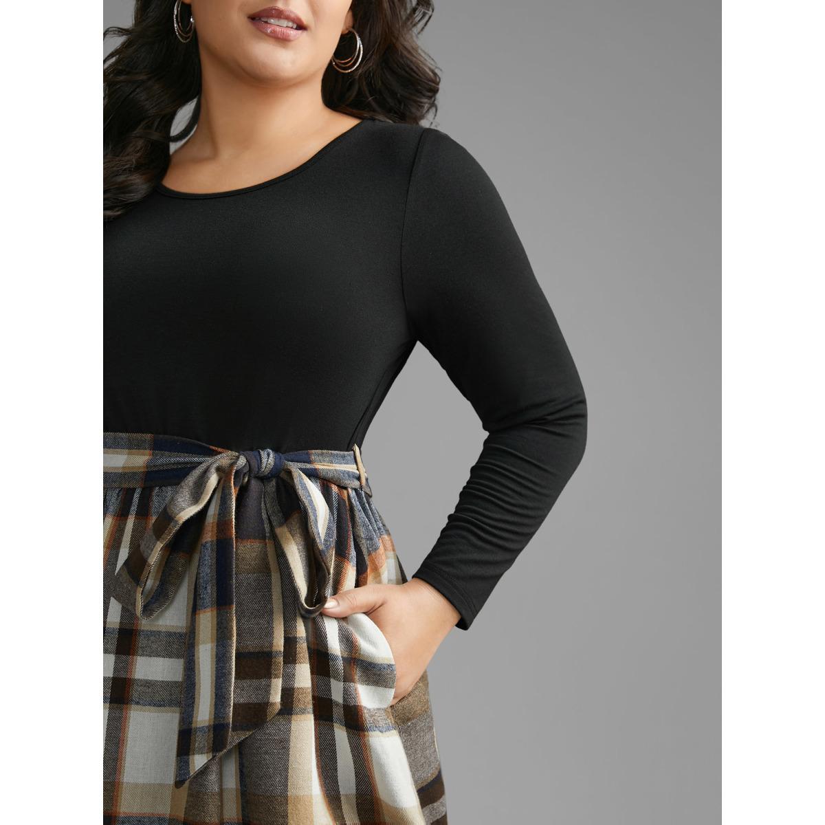 Plus Size Plaid Patchwork Elastic Waist Belted Dress Black Women Casual Belted Round Neck Long Sleeve Curvy BloomChic 12/L Product Image