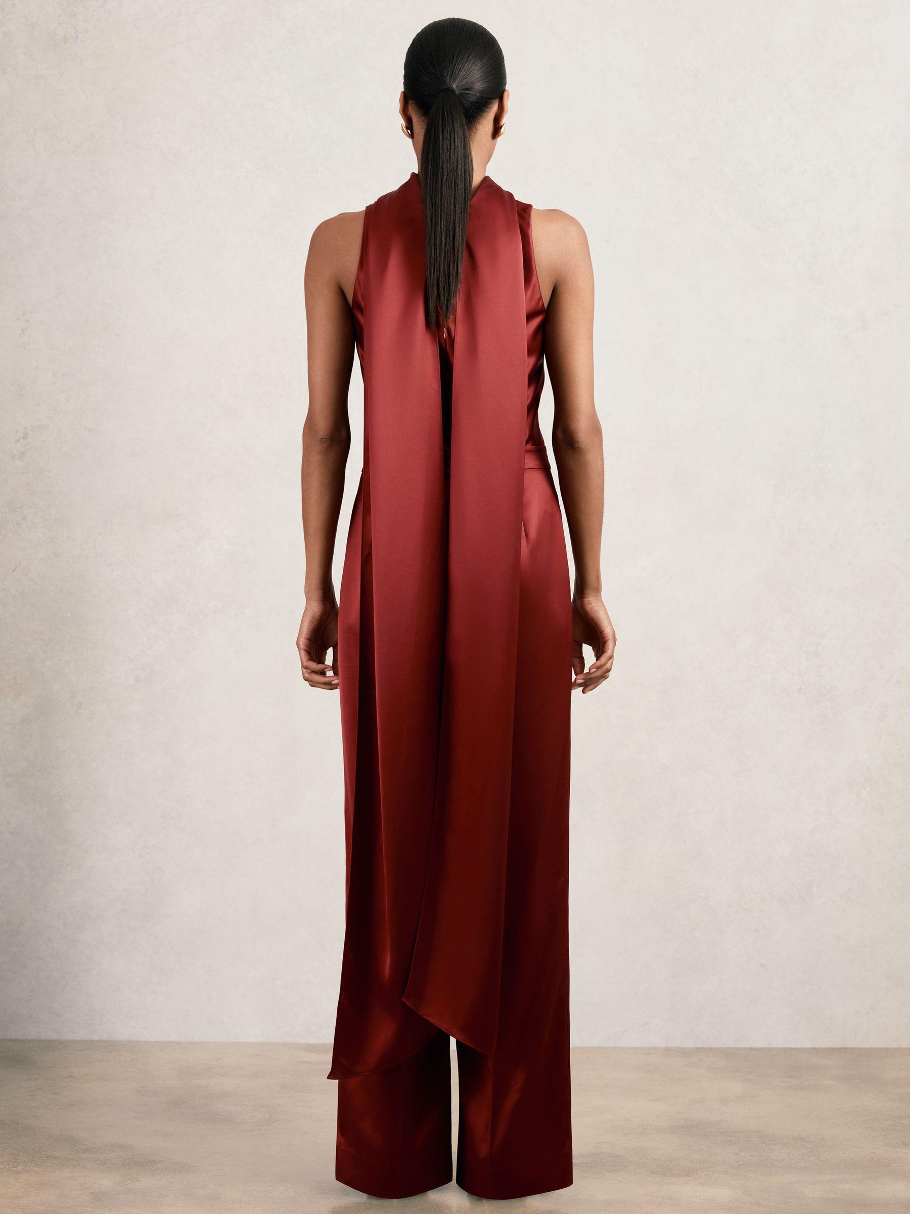 Petite Satin Cape-Sash Jumpsuit in Dark Red Product Image