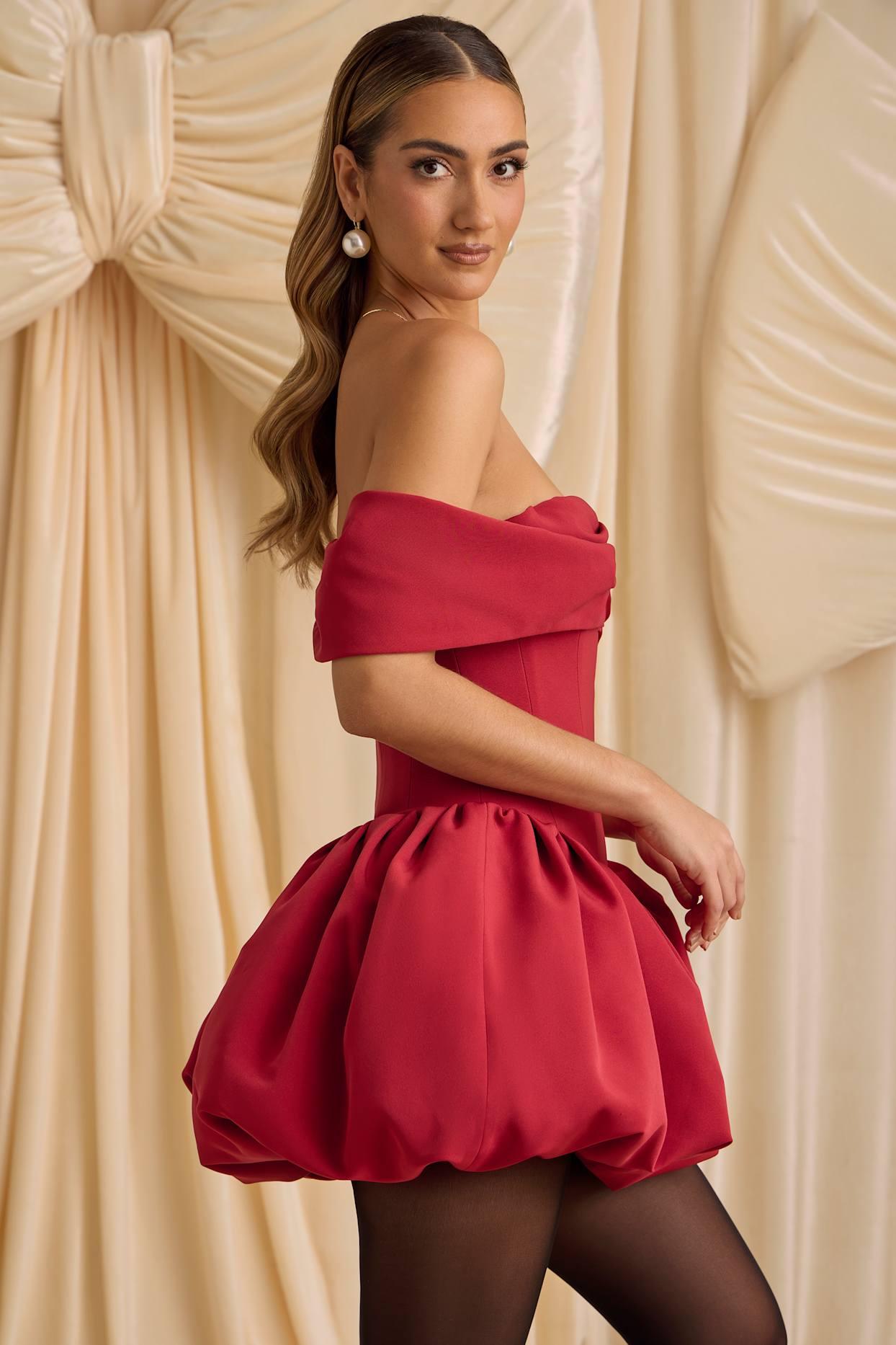 Off-Shoulder Layered Bubble Hem Corset Mini Dress in True Red Product Image