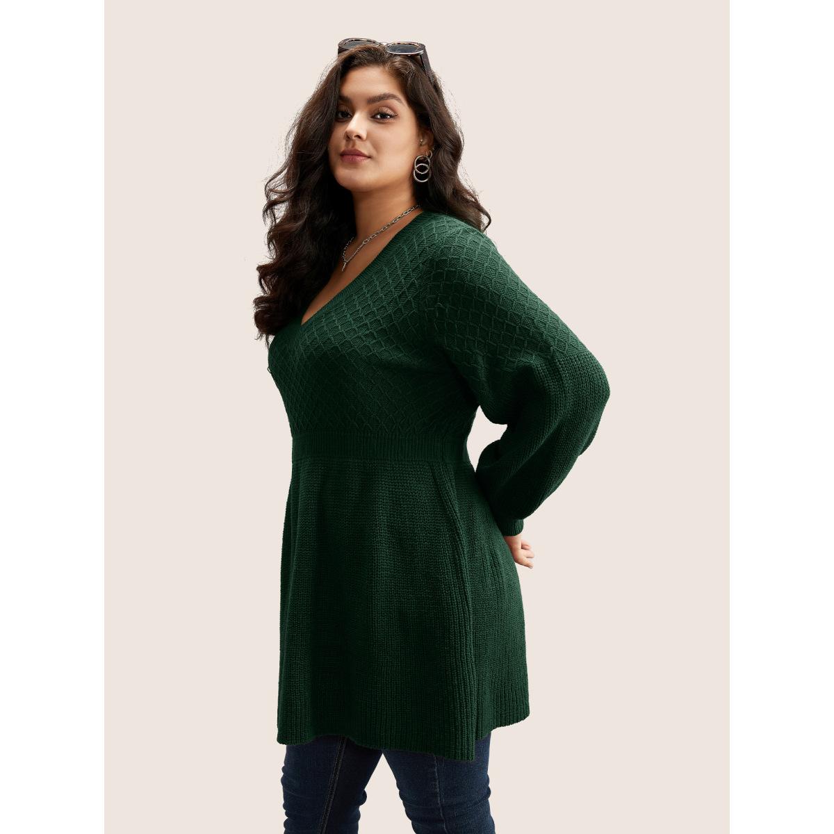 Plus Size Plain Plisse Lantern Sleeve A Line Pullover Black Women Elegant Long Sleeve V-neck Everyday Pullovers BloomChic 28/5X Product Image