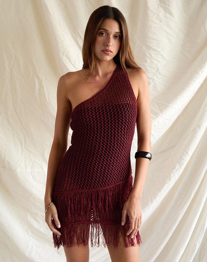Meloka Asymmetric Fringe Mini Dress in Berry Female Product Image