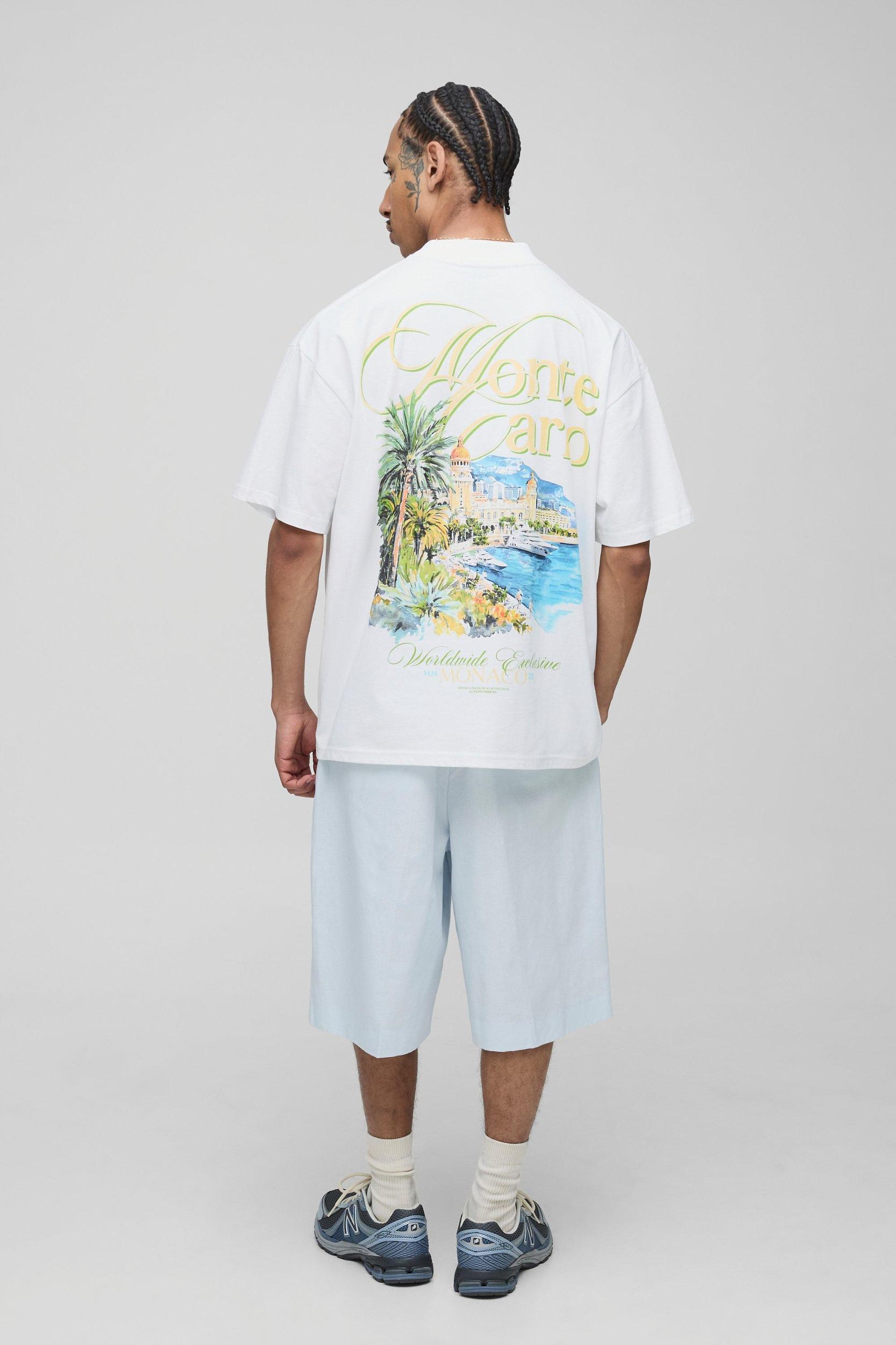 White Oversized Extended Neck Monte Carlo Palm Landscape T-Shirt | boohooMAN USA Product Image