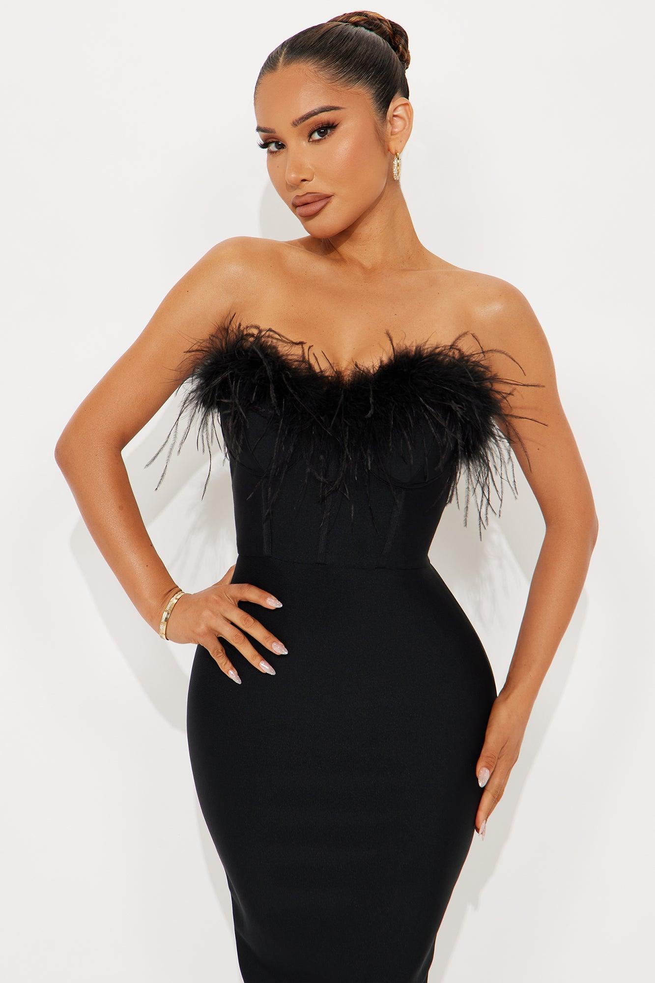 Reina Feather Corset Bandage Midi Dress - Black Female Product Image