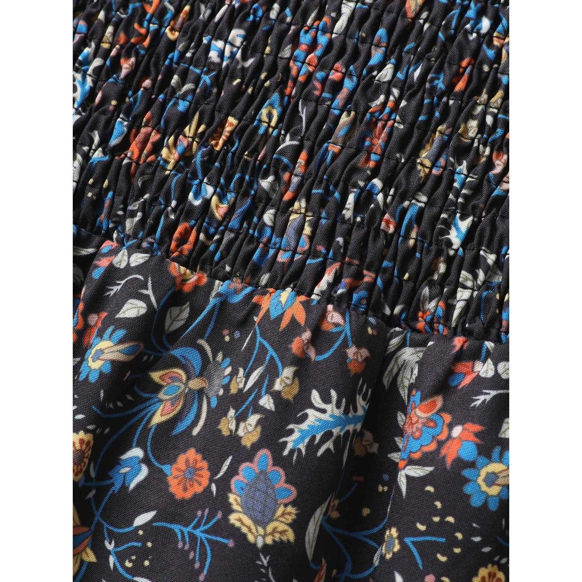 Plus Size Bandana Print Shirred Ruffle Sleeve Midi Dress Black Women Resort Shirred Square Neck Short sleeve Curvy BloomChic 14-16/1X Product Image