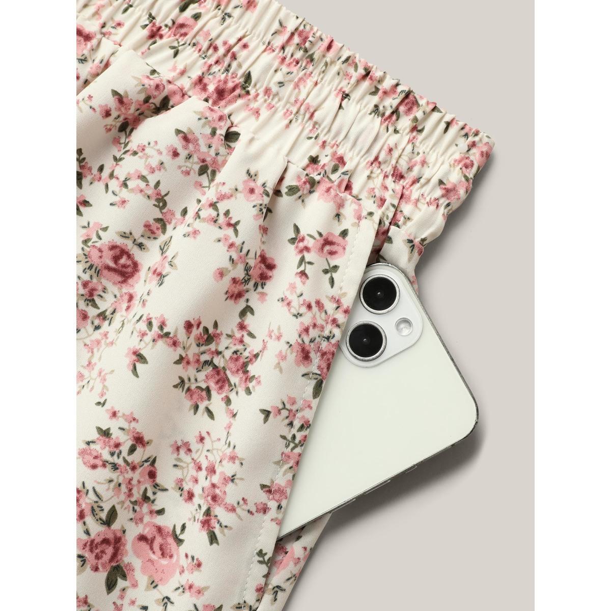 Plus Size Ditsy Floral Print Waist-Tie Midi Skirt Women Beige Elegant Gathered Low stretch Slanted pocket Everyday Skirts BloomChic 22-24/3X Product Image