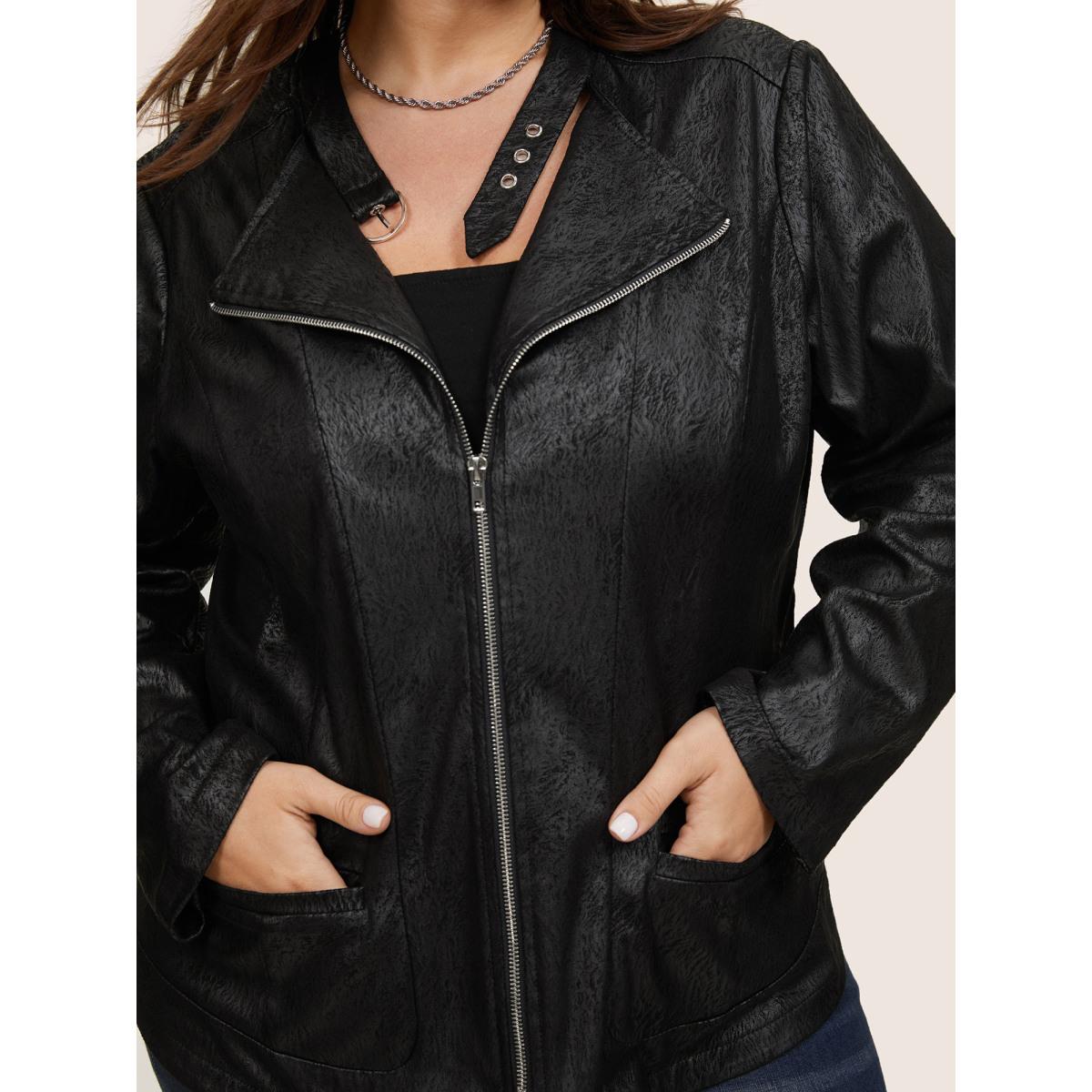Plus Size PU Leather Print Faux Suede Buckle Detail Jacket Women Black Texture Pocket Everyday Jackets BloomChic 18-20/2X Product Image