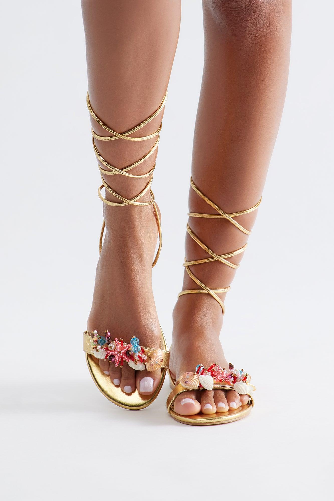 Sea Beaded Wrap Up Sandals - Gold Female Product Image