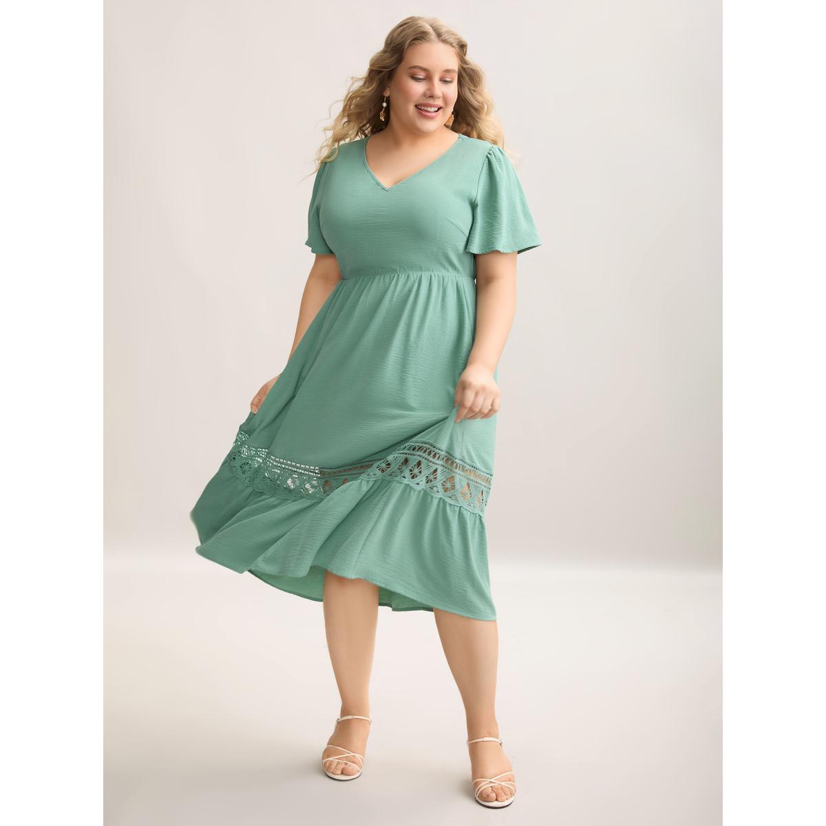 Plus Size Lace Cut-Out Lotus Leaf Sleeve Midi Dress Greenbean Women Elegant Woven ribbon&lace trim V-neck Sleeveless Curvy BloomChic 26/4X Product Image