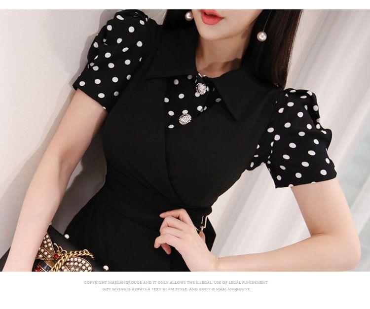Set: Short-Sleeve Collared Dotted Button Up Blouse + V-Neck Plain Straight Leg Jumpsuit Product Image
