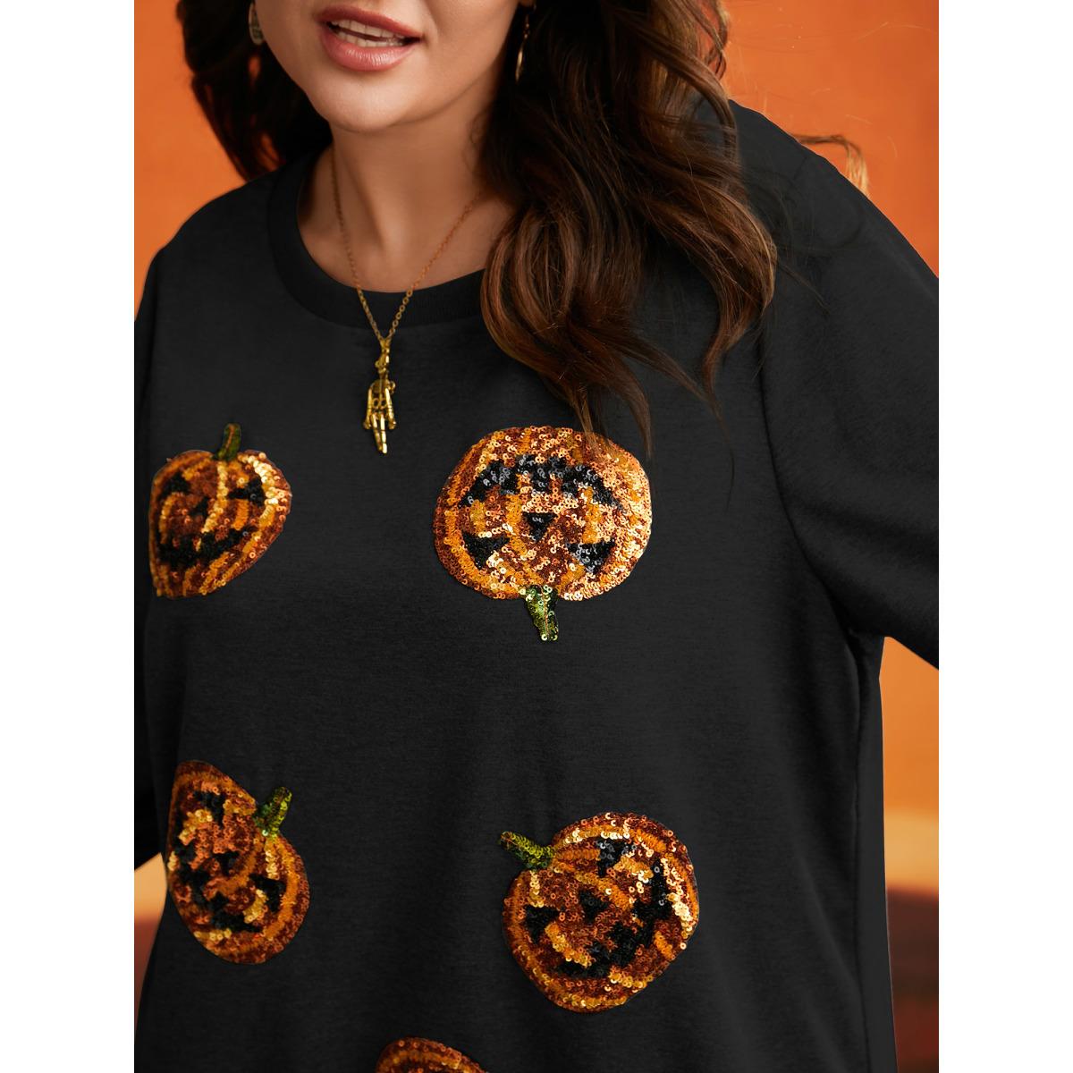 Plus Size Jack-O-Lantern Sequin Sweatshirt Women Black Casual Contrast Loose Round Neck Everyday Sweatshirts BloomChic 30/6X Product Image