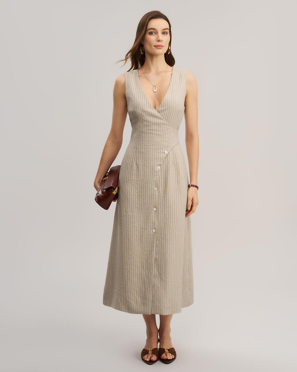 Khaki Striped V-Neck Sleeveless Maxi Dress Product Image