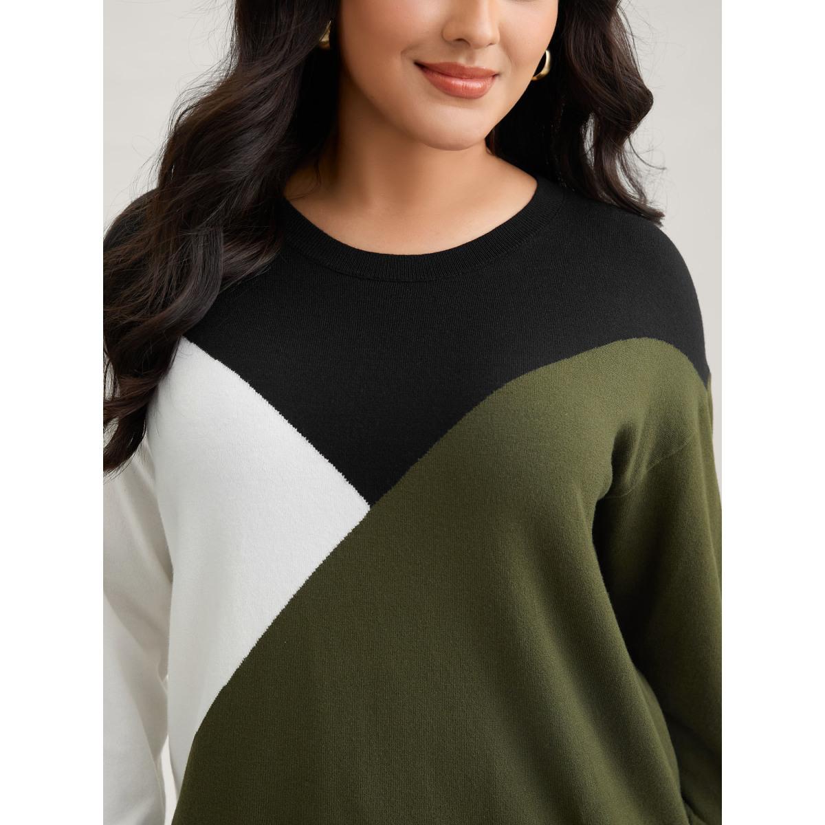 Plus Size Supersoft Essentials Colorblock Contrast Pullover ArmyGreen Women Leisure Long Sleeve Round Neck Casual Pullovers BloomChic 26/4X Product Image