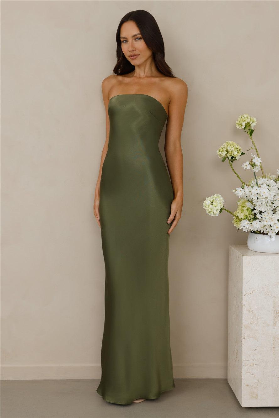 The Felicity Strapless Satin Maxi Dress Olive Product Image