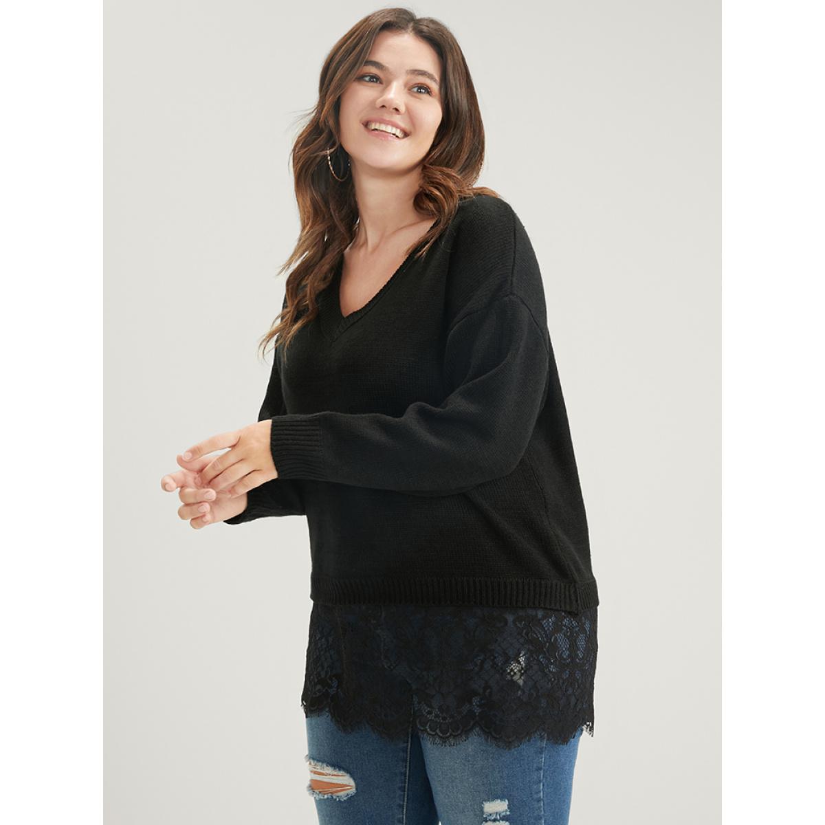Plus Size Solid Pointelle Knit V Neck Lace Hem Knit Top Black Women Casual Long Sleeve V-neck Dailywear Pullovers BloomChic 14-16/1X Product Image