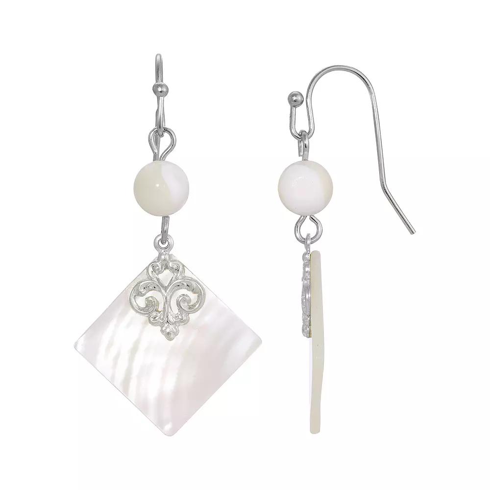 1928 Silver Tone Simulated Mother Of Pearl Shell Stone And Bead Drop Earrings, Women's, White Product Image