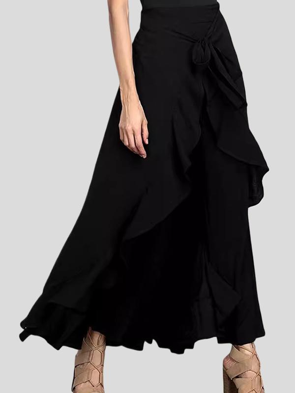 Loose Ruffle Trim Solid Color Split-Joint Tied Waist Zipper Culotte Product Image