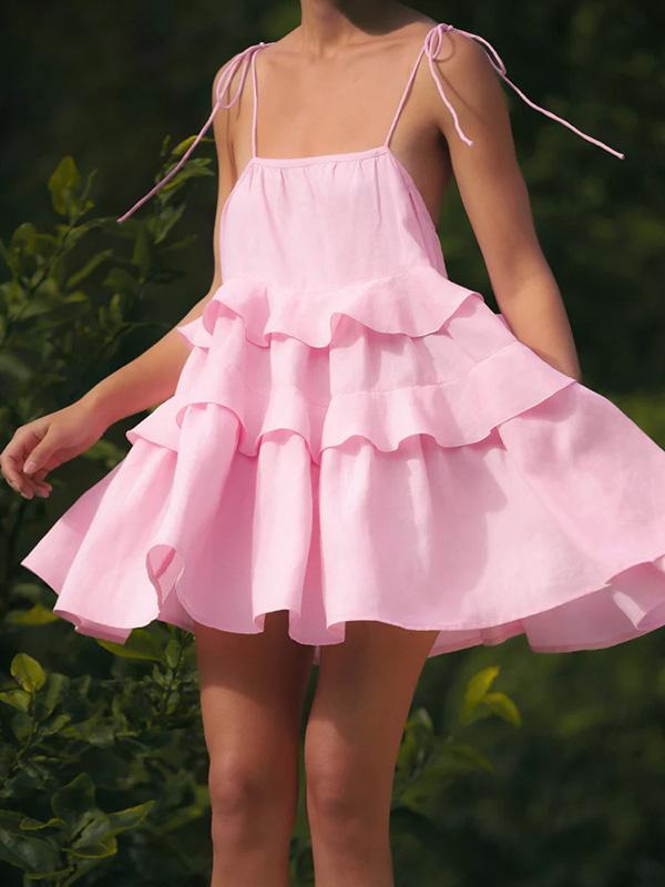 A-Line High Waisted Backless Layered Pleated Solid Color Spaghetti-Neck Mini Dresses Product Image