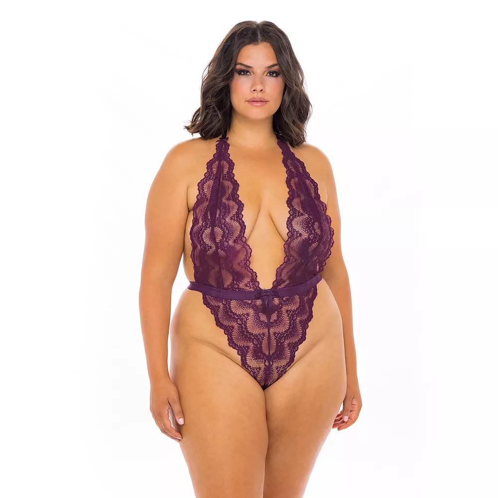 Plus Size Oh La La Cheri Scalloped Lace Bodysuit 52-11153X, Women's, Size: 1XL-2XL, Italian Purple Product Image