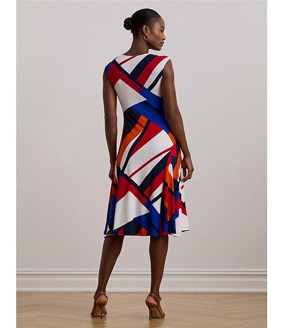 Lauren Ralph Lauren Printed Stretch Jersey Round Neck Cap Sleeve A-Line Midi Dress Product Image