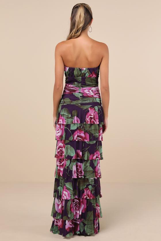 Phenomenal Aura Plum Floral Ruched Tiered Strapless Maxi Dress Product Image