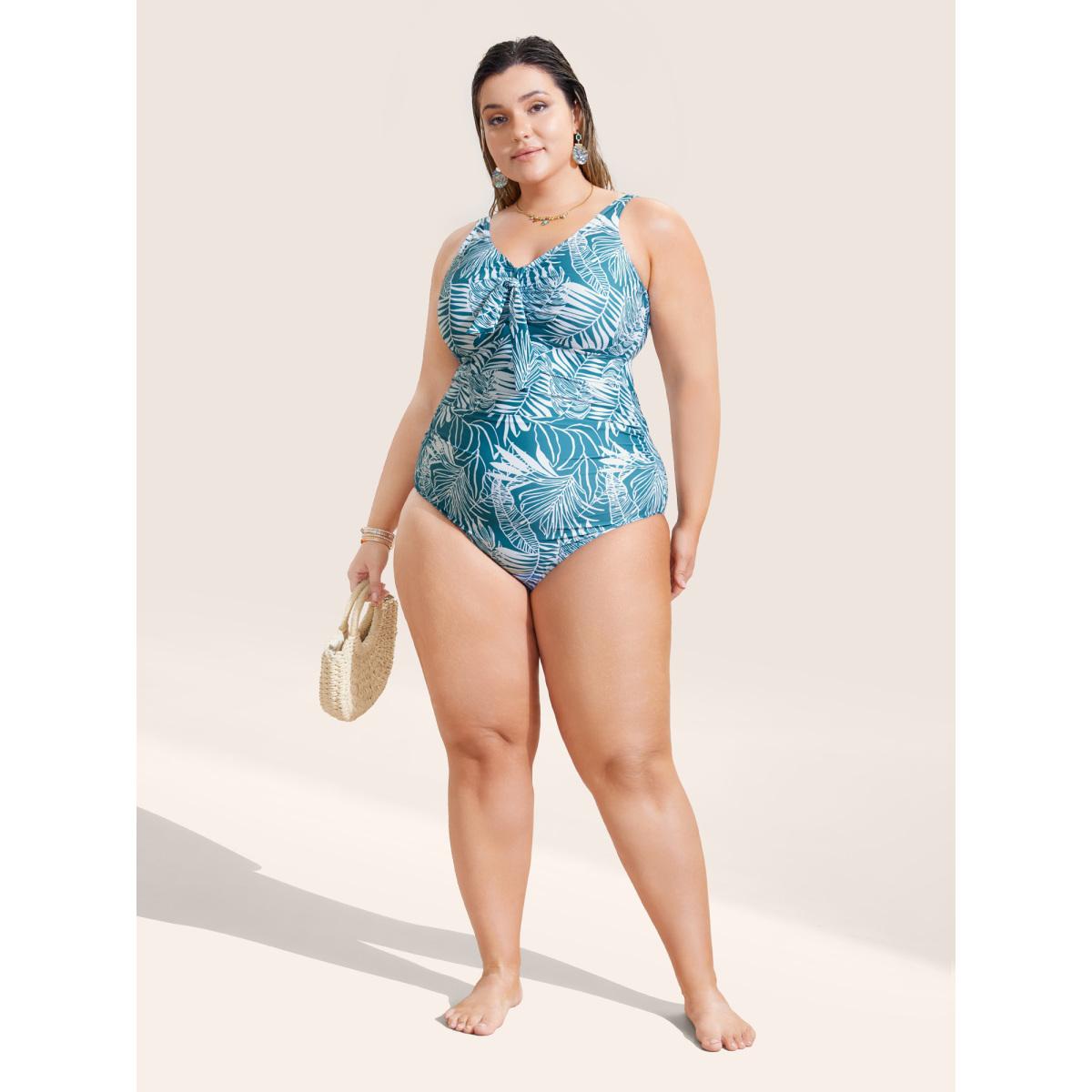 Plus Size Tropical Print Knotted Gathered One Piece Swimsuit Women's Swimwear Cerulean Beach Gathered Curve Bathing Suits High stretch One Pieces BloomChic 22-24/3X Product Image