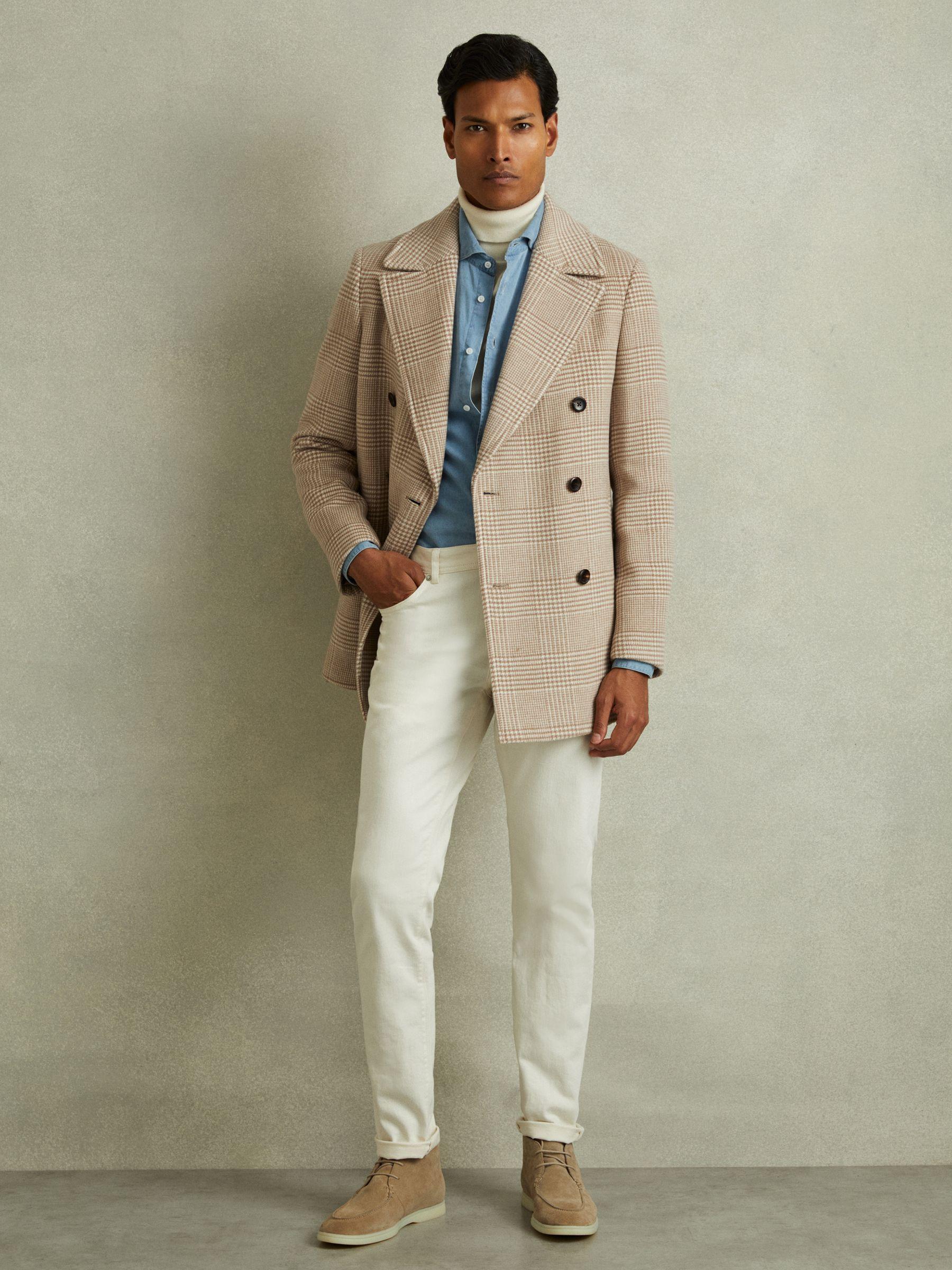 Wool Blend Double Breasted Peacoat in Oatmeal Check Product Image