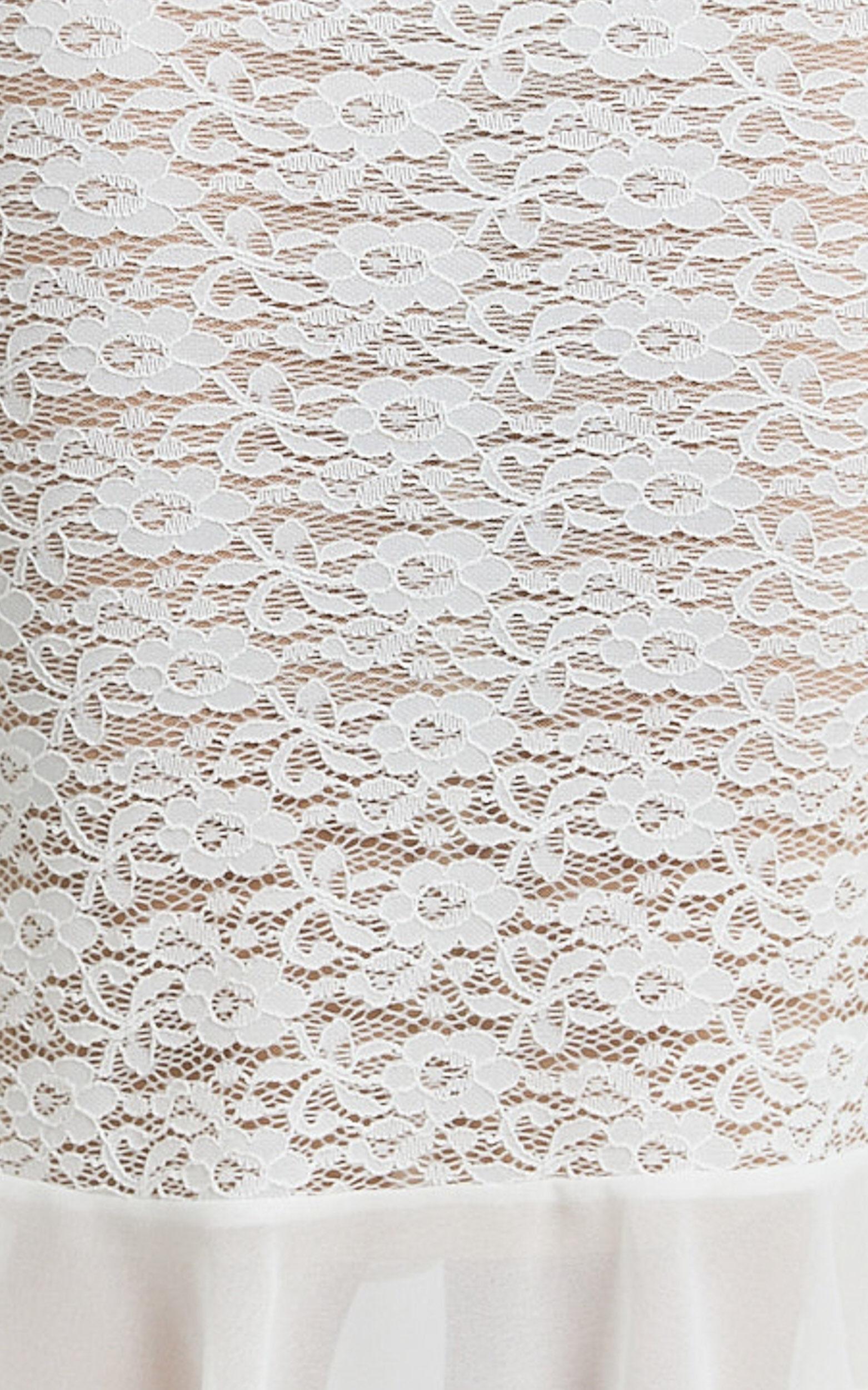 Imee Two Piece Top and Skirt Set - Lace Off Shoulder Top And Low Rise Skirt Set in White Product Image