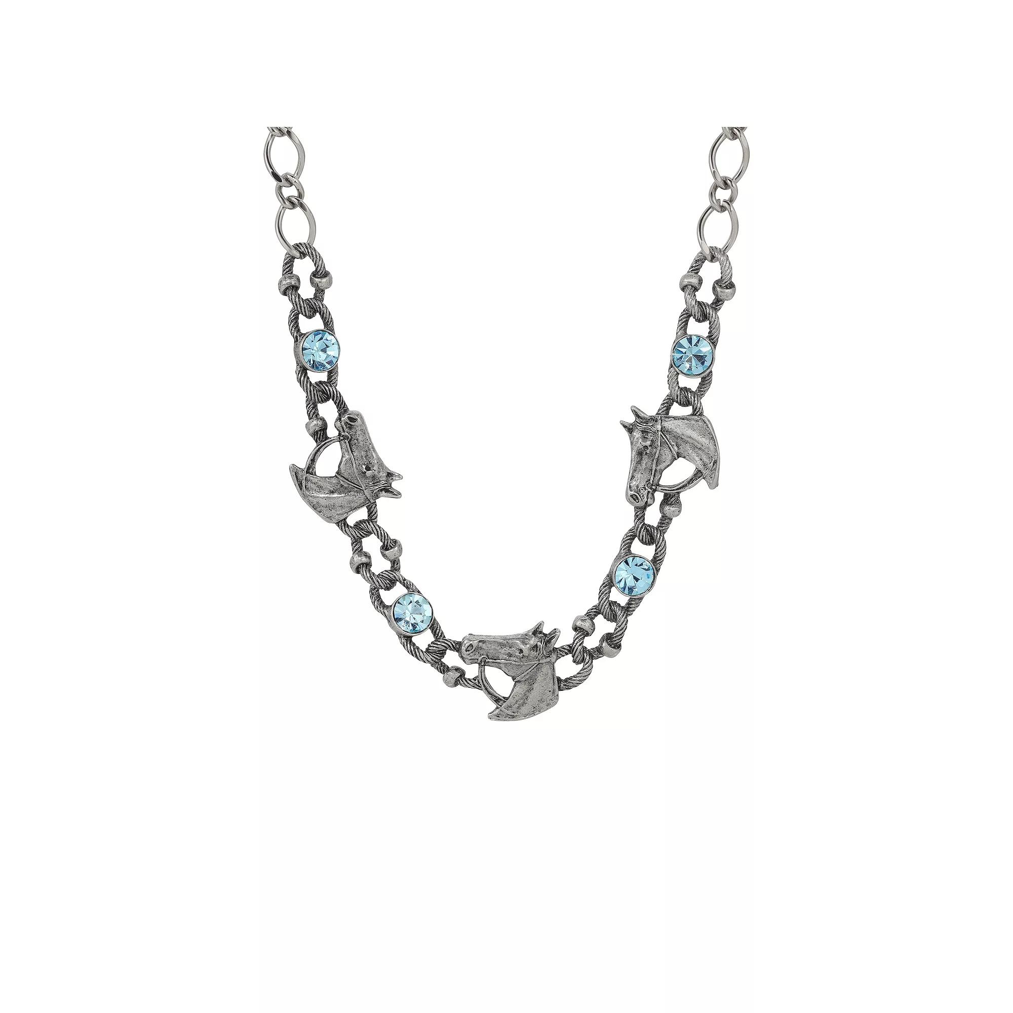 1928 Silver Tone Blue Crystal Horse Station Necklace, Womens Product Image