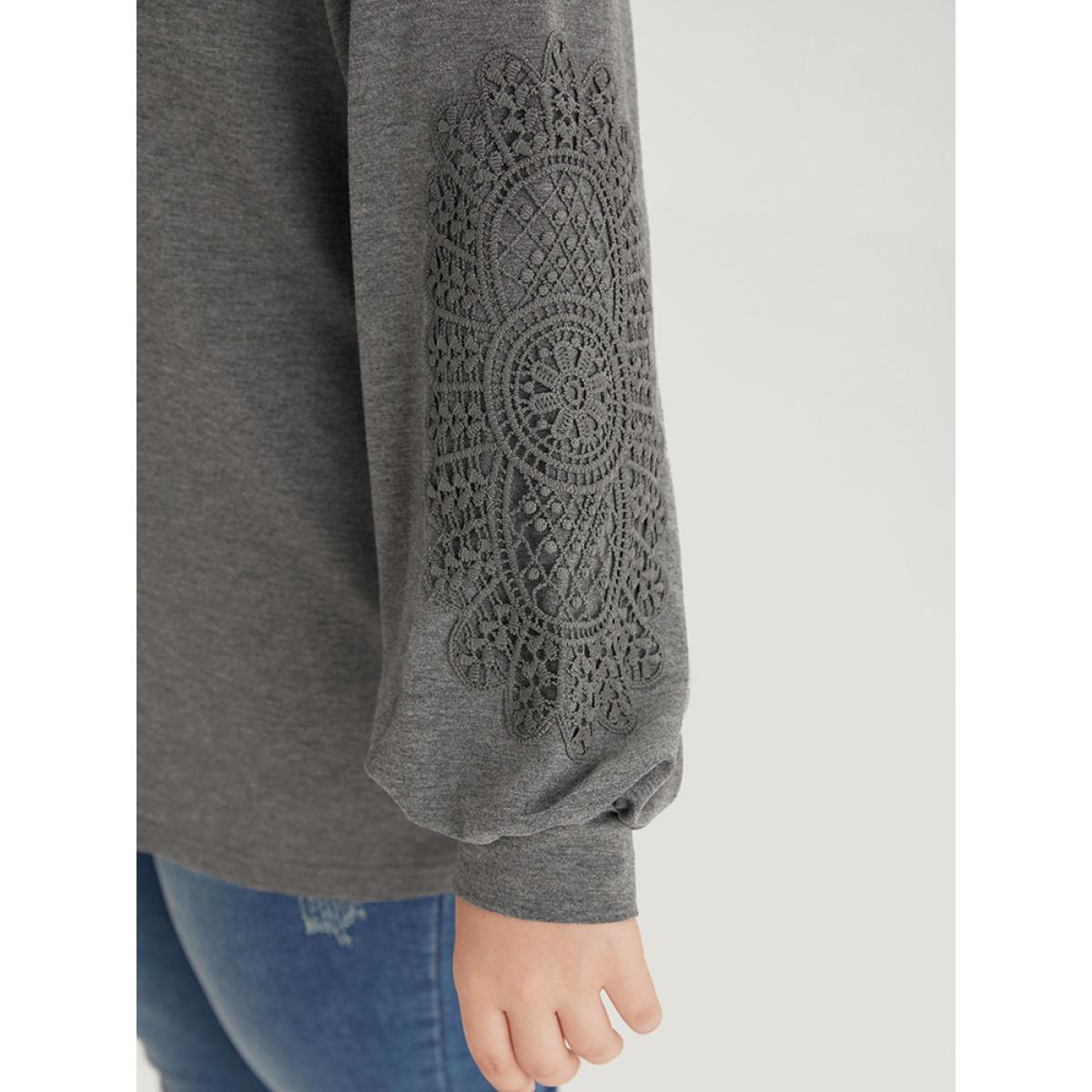 Plus Size Plain Guipure Lace V Neck Raglan Sleeve Sweatshirt Women Gray Elegant Plain V-neck Dailywear Sweatshirts BloomChic 12/L Product Image