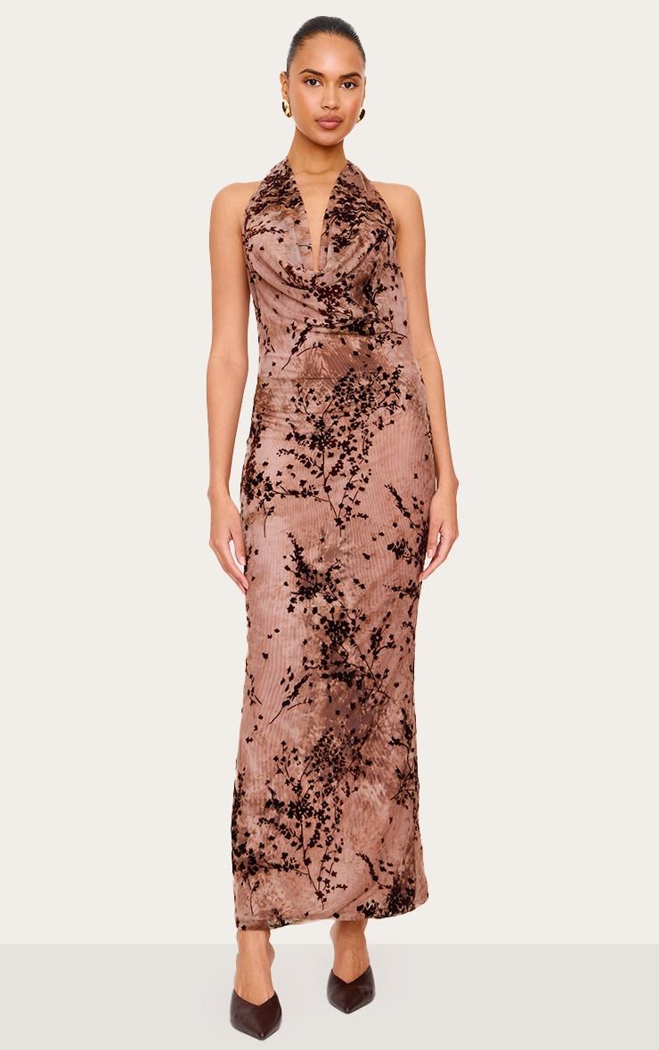 Brown Devore Cowl Neck Maxi Dress Product Image