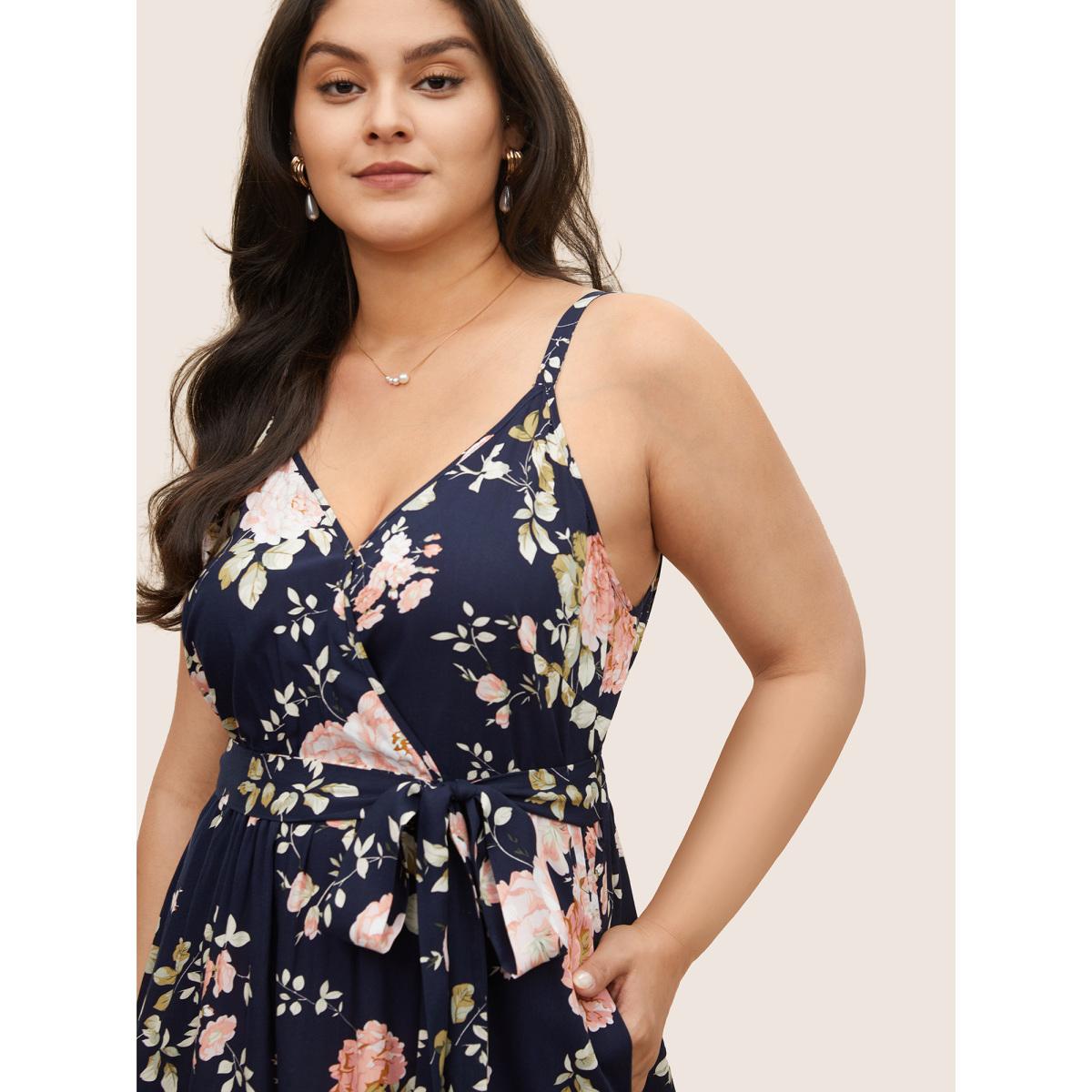 Plus Size Floral Wrap Elastic Waist Belted Sleeveless Dress DarkBlue Women Timeless Non Spaghetti Strap Sleeveless Curvy Midi Dress BloomChic 18-20/2X Product Image