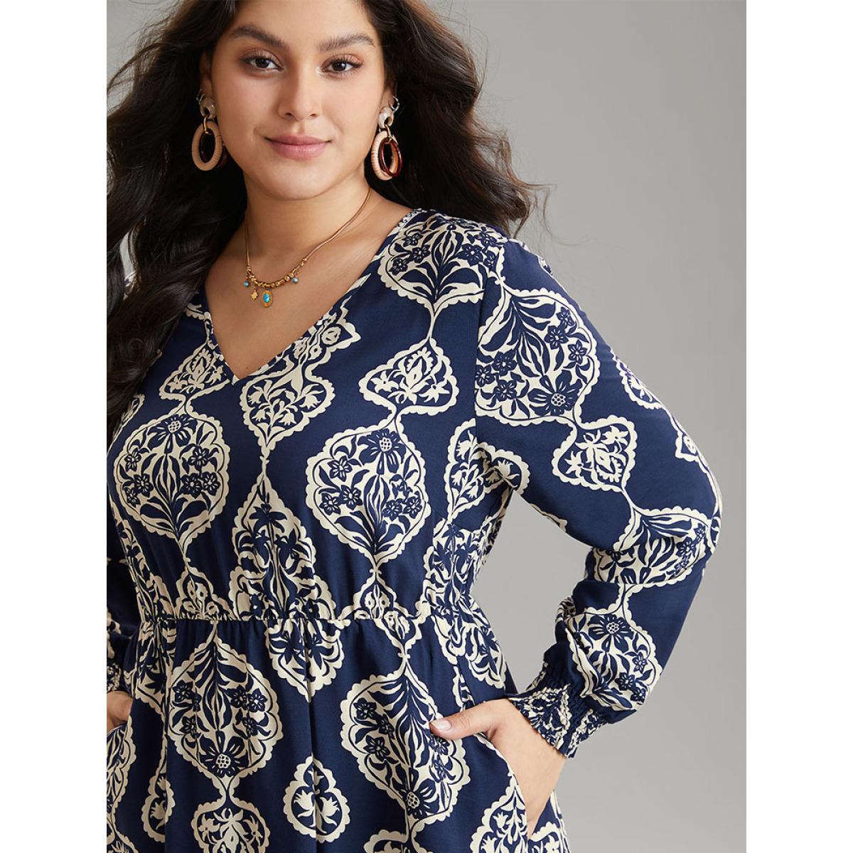 Plus Size Moroccan Print Shirred Cuffs Pocket Dress DarkBlue Women Resort Printed V-neck Long Sleeve Curvy Midi Dress BloomChic 18-20/2X Product Image