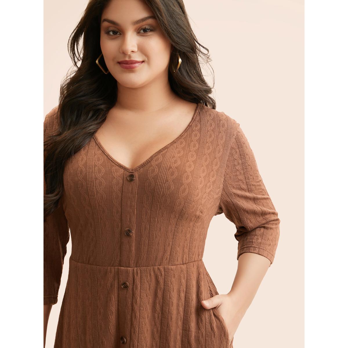 Plus Size Plain Textured Button Detail Midi Dress Yellowishbrown Women Casual Texture V-neck Elbow-length sleeve Curvy BloomChic 30/6X Product Image