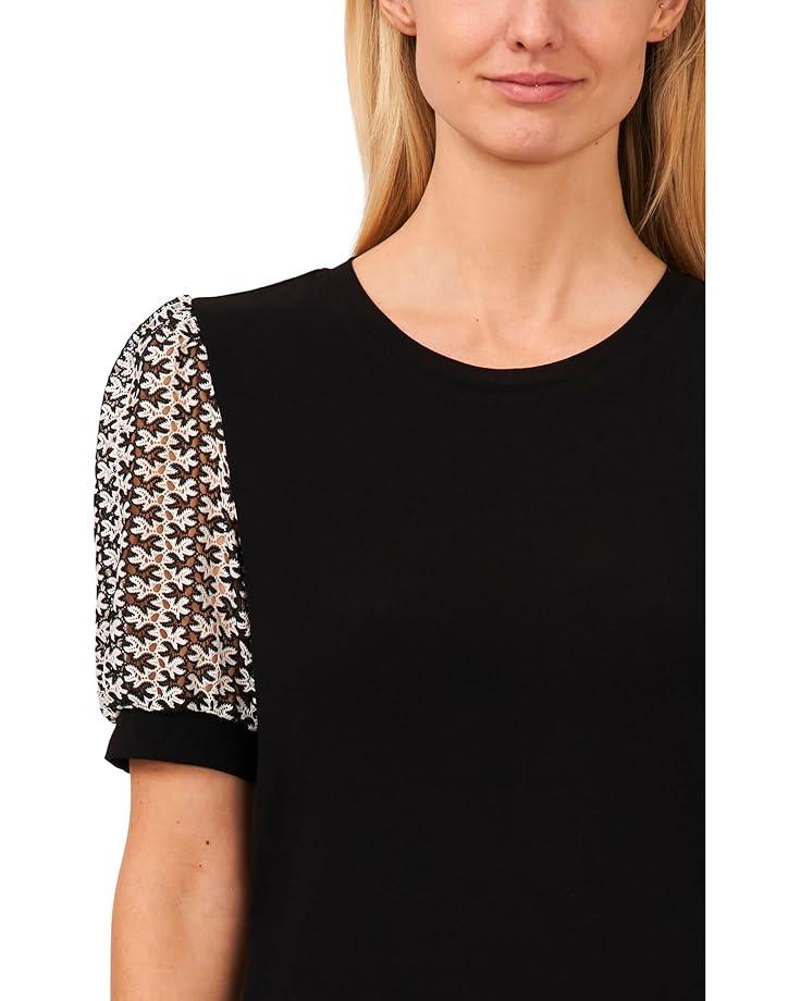 Embroidery Puff Sleeve Mixed Media Knit Top Product Image